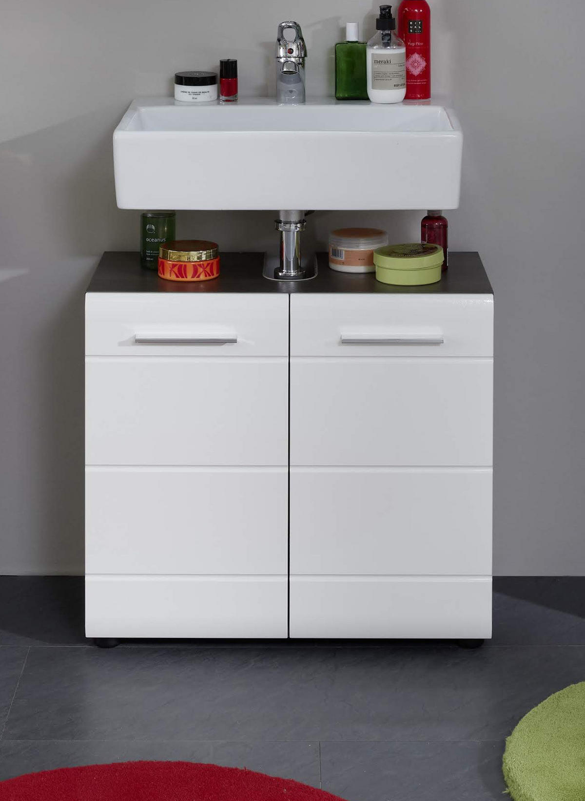 WASCHBECKENUNTERSCHRANK weiß Hochglanz, grau Badschrank 60 x 57 cm - Weiß Hochglanz/Silberfarben, Holzwerkstoff/Kunststoff (60/57/31cm) - Top.Furn