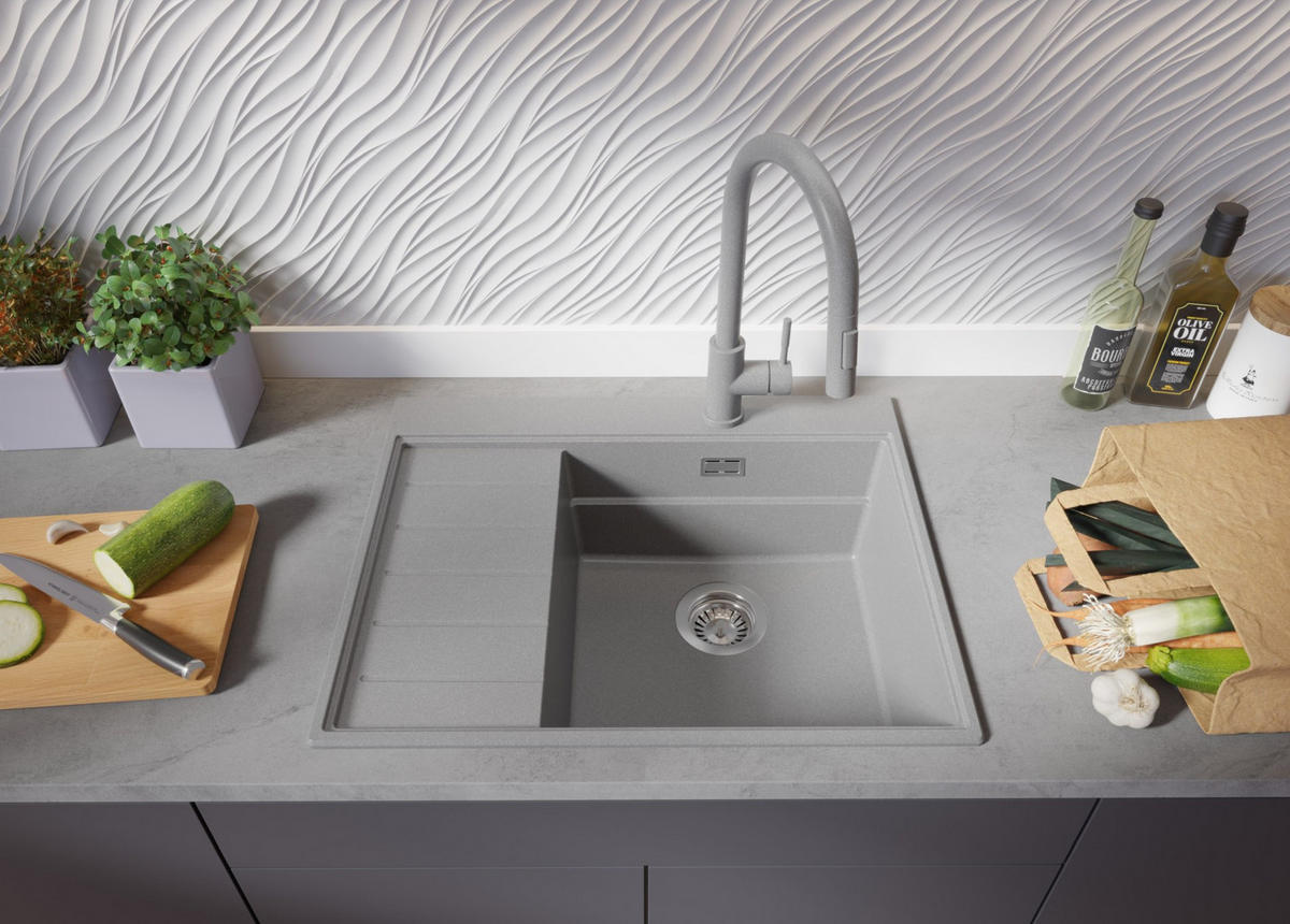 SPÜLBECKEN Sydney, 2-er set Grau 62/50 cm 1 Becken + Ablauf-Set + Küchenzubehörset ab 45er Unterschrank - Chromfarben/Beige, Kunststoff (62/20/50cm) - Primagran