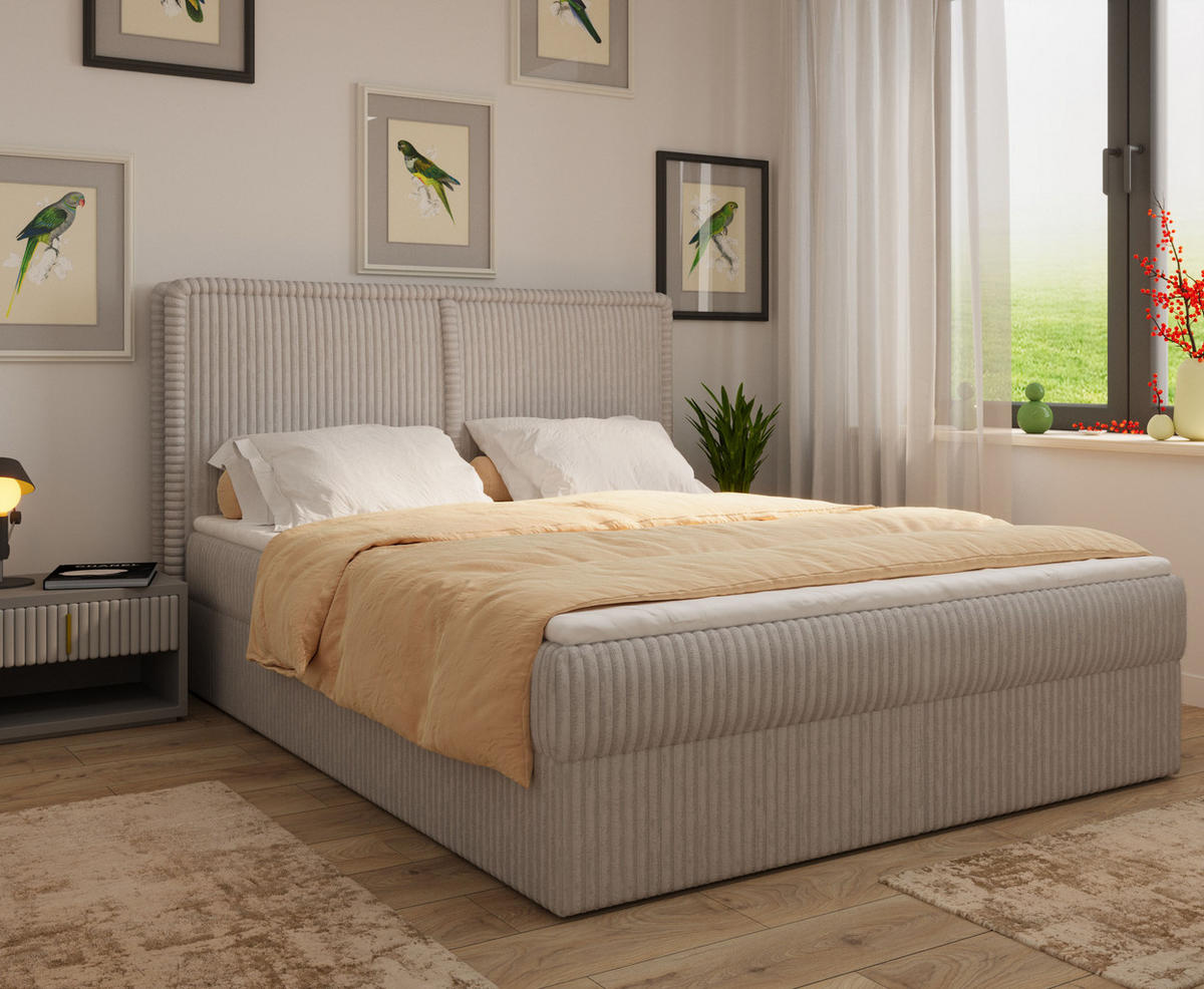 BOXBETT 04 180 x 200 cm - Ambience – Modernes Polsterbett mit Bettkasten, Topper und gepolstertem Kopfteil, Stoffbezug, Stauraumbett - Hellgrau, Holz (180/200cm) - ROYAL24_MARKT