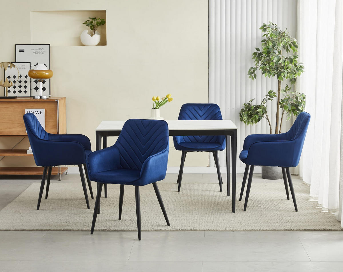 STUHL NEMI 2-er Set, Blau, Schwarz, mit Samtstoff gepolstert - Blau, Textil/Metall (54/84/61cm) - Komodee