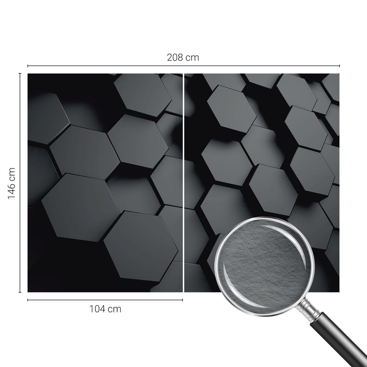 FOTOTAPETE 208x146 cm - 3D-Sechsecke - Schwarz, Textil (208/146cm) - Wallfluent