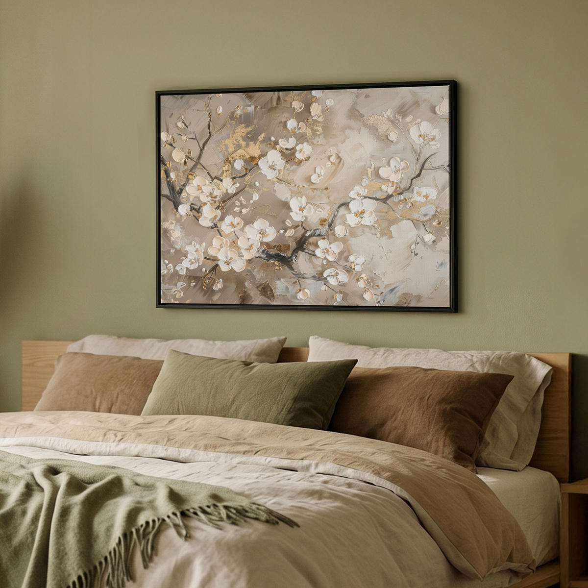 LEINWAND Bilder mit Rahmen - Blumen - Weiß - Gold - Beige - Luxus - 80x60 - Greige, Textil (80/60cm) - MuchoWow