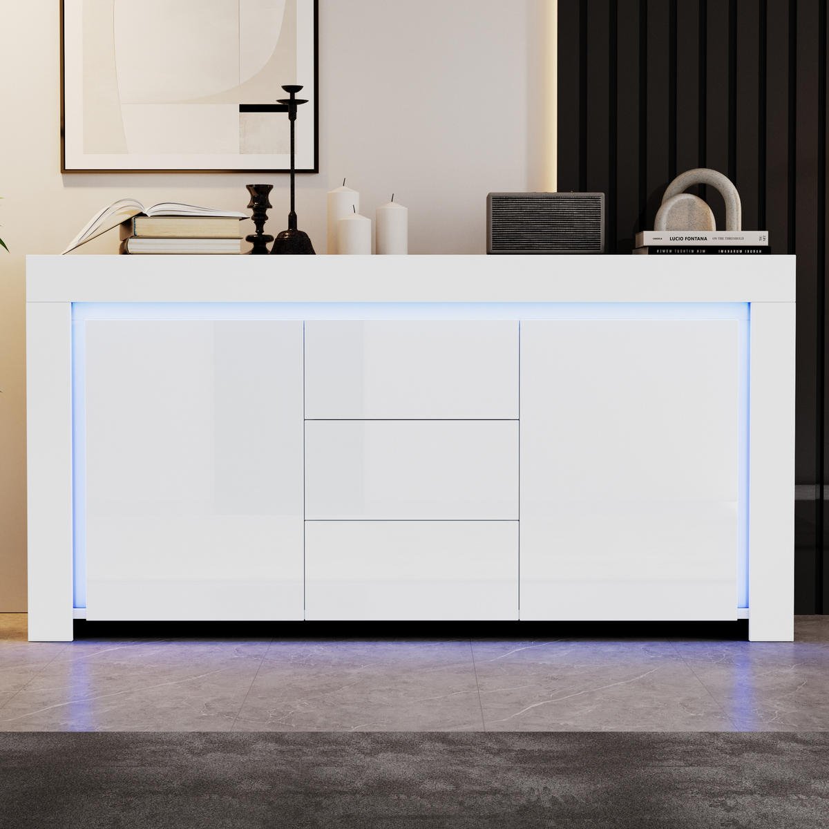 SIDEBOARD 140/40/65 cm Hochglanz Weiß LED App 3 Schubladen MDF Soft-Close Stauraum modern - Weiß, Holzwerkstoff (140/65/40cm) - EVRYAE