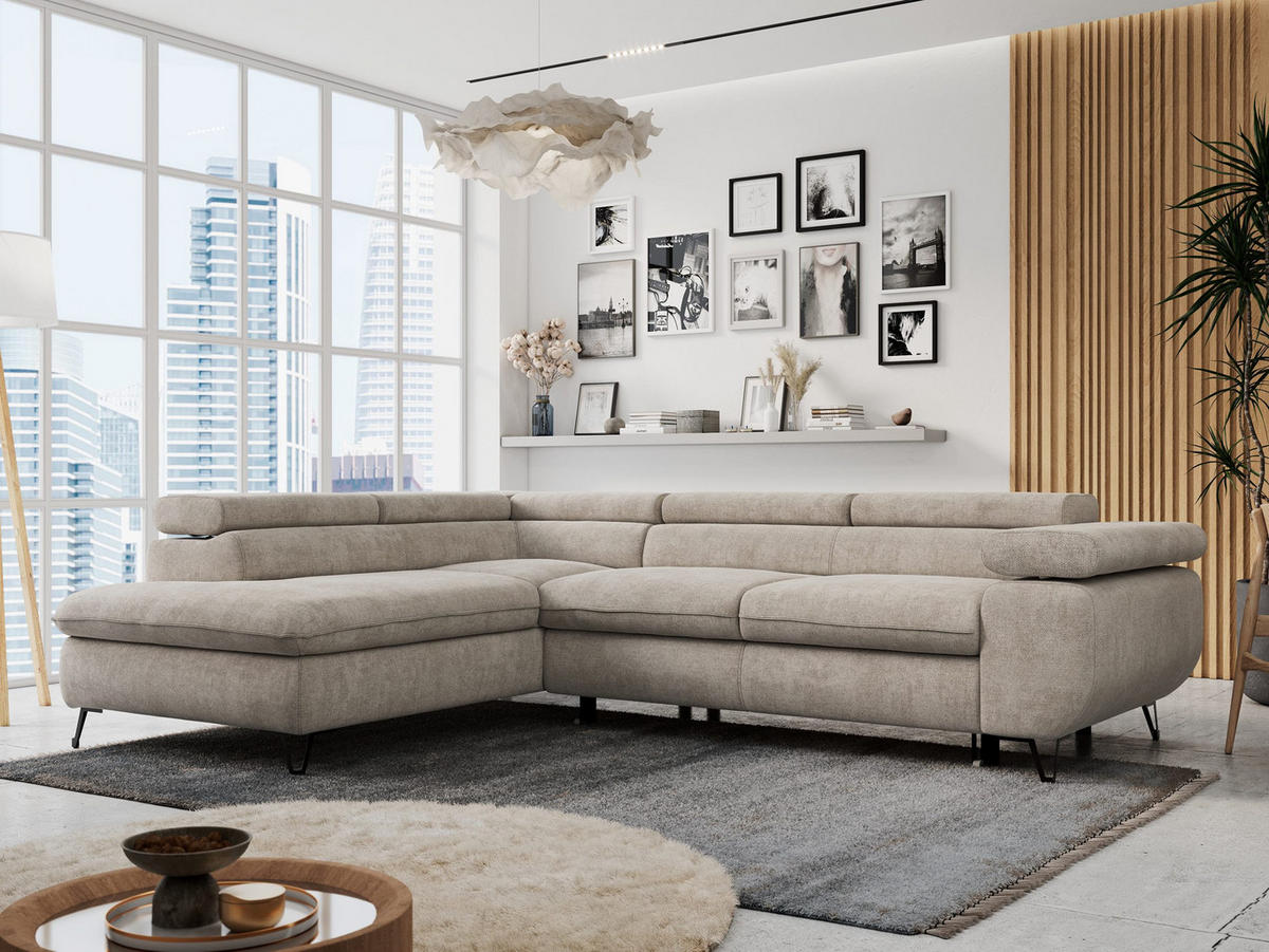 ECKSOFA PETER L Beige Struktur - Links Seite - Beige/Schwarz, Textil/Metall (208/273cm) - MKS