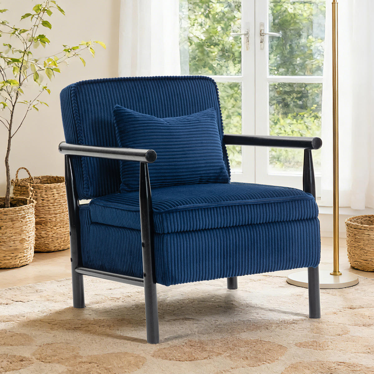SESSEL Samt Blau mit Lendenkissen und Ablage - Blau, Holzwerkstoff/Textil (93/73/66cm) - WISHDOR