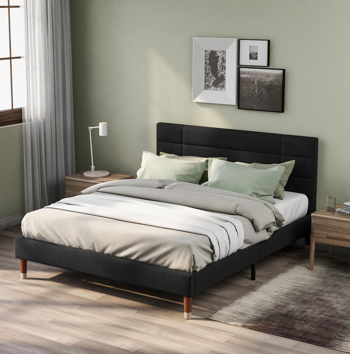 BETT mit Lattenrost 140x200 cm Leinen Schwarz - Schwarz, Holz (140/200cm) - Meubliv