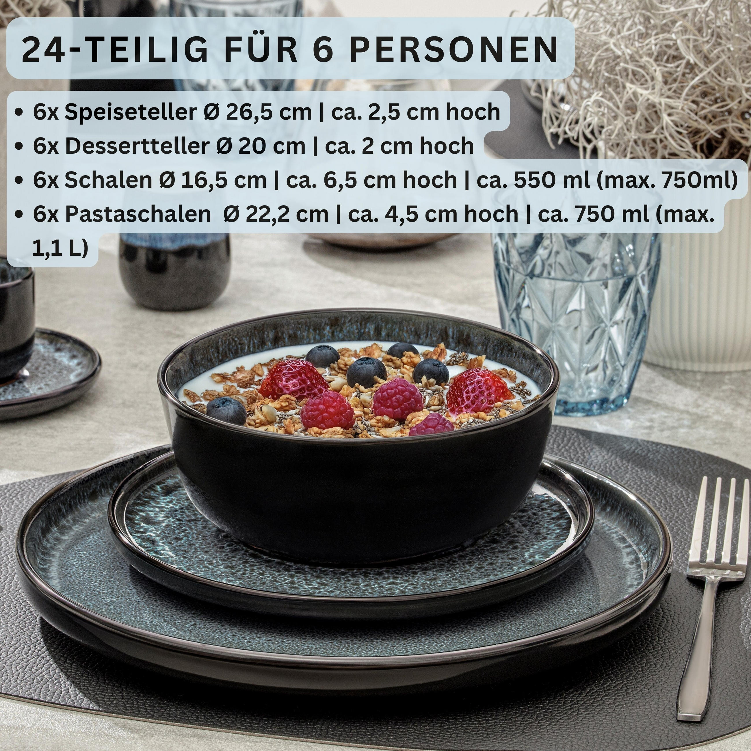 TAFELSERVICE MANILA - 24 teilig aus Steingut - Blau, Stein (26.5/2/26.5cm) - Sänger