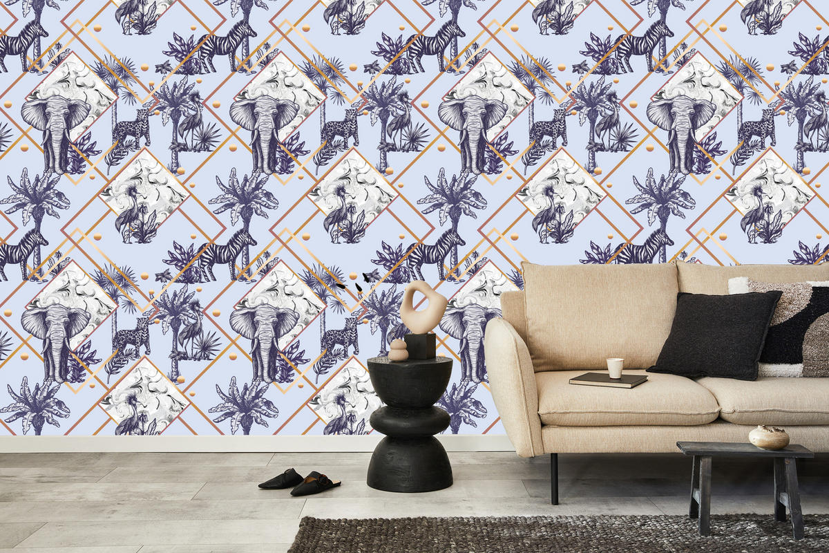 VLIESTAPETE Wildtiere und geometrische Muster – Blau, Goldfarben, Weiß – 50x1000 cm - Blau/Goldfarben, Papier (50/1000cm) - Muralo
