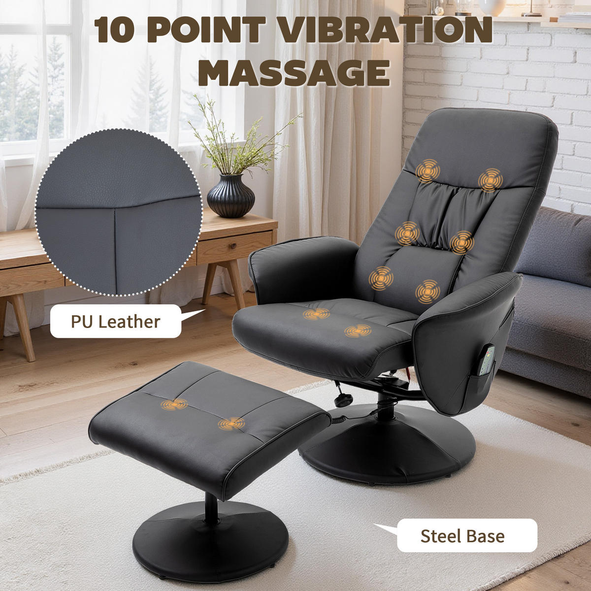 RELAXSESSEL Massagesessel mit Liegefunktion Fußhocker Stauraum TV-Sessel Schwarz - Schwarz, Kunststoff/Metall (81/105/76cm) - HOMCOM