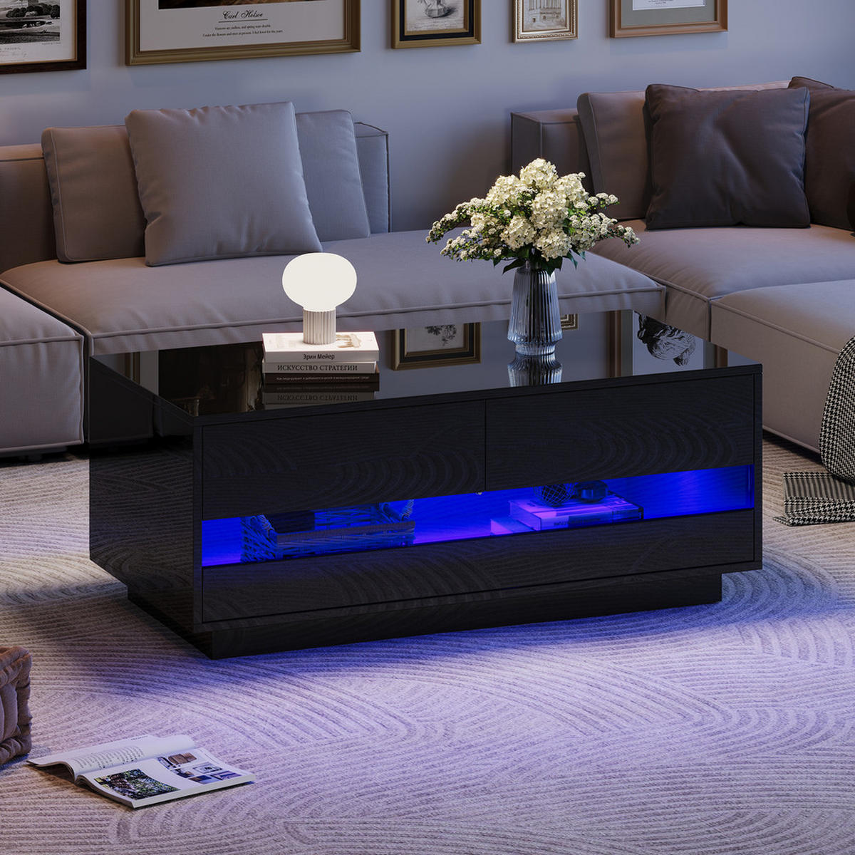 COUCHTISCH 100x50cm Schwarz Hochglanz Bluetooth LED 2 Schubladen Glas - Schwarz, Holz (111.51/58.04/16.51cm) - FLIEKS