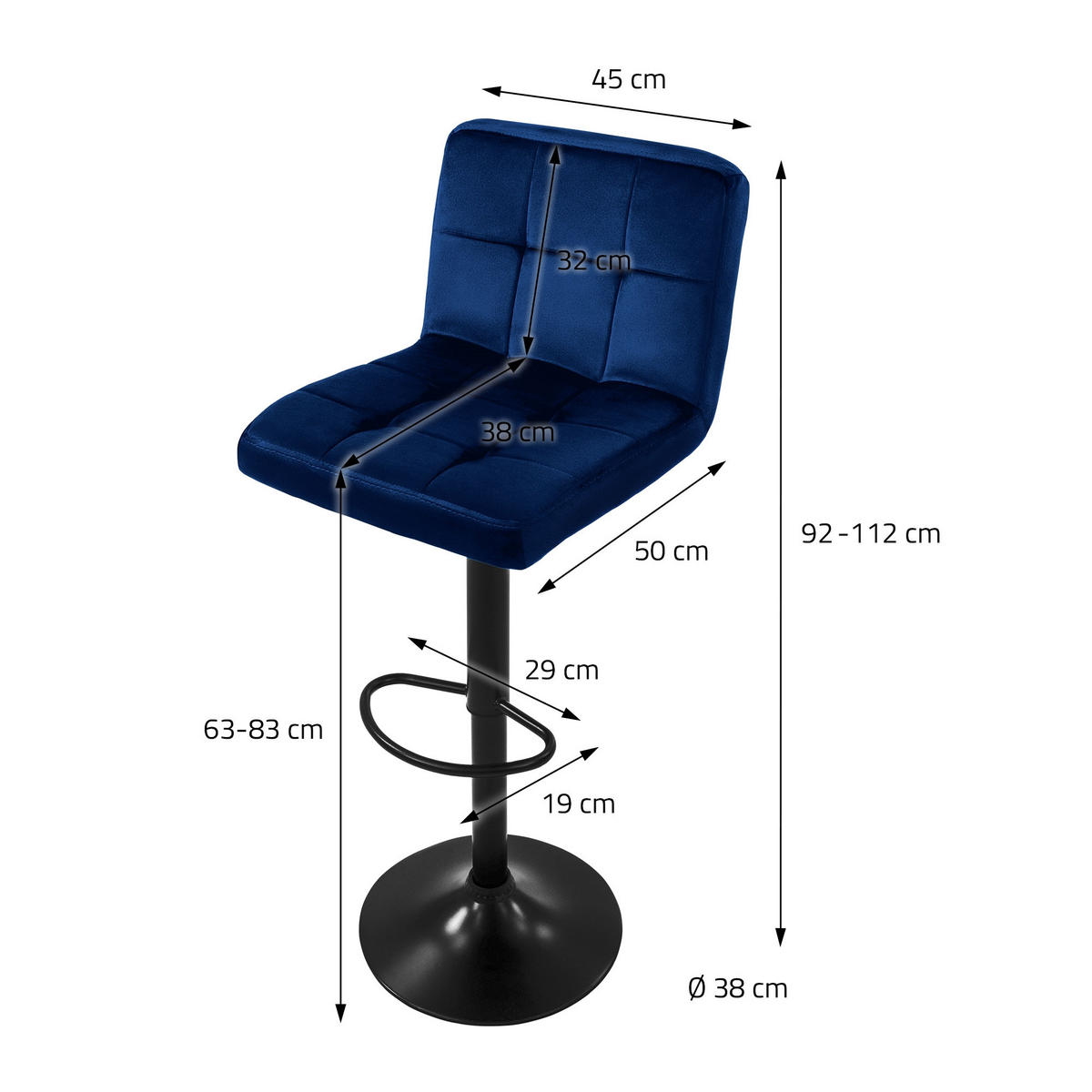 BARHOCKER Samt blau 2er Set - Blau, Metall (50/112/45cm) - ML-DESIGN
