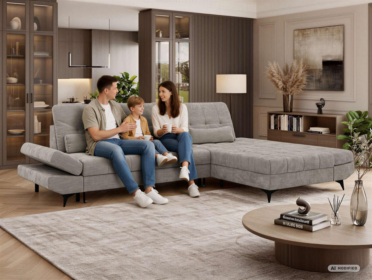 ECKSOFA ALVENO L - Hellbraun Schenille glatt - Rechts Seite - Hellbraun/Schwarz, Textil/Metall (344/218cm) - MKS