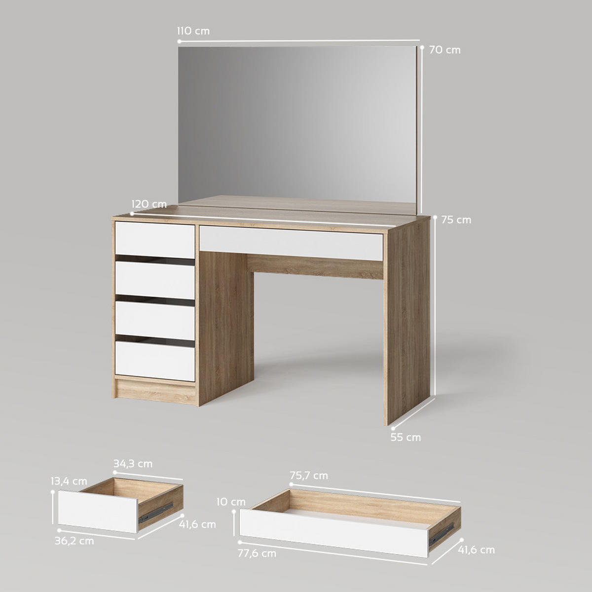 SCHMINKTISCH Imola Weiß/Sonoma 120 cm - Weiß/Sonoma Eiche, Holzwerkstoff (120/75/55cm) - Livinity®