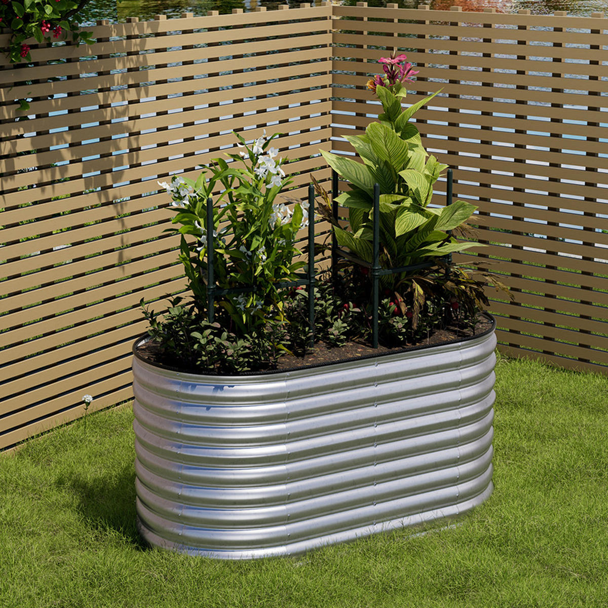 HOCHBEET-PFLANZKASTEN mit Pflanzenstütze aus verzinktem Stahl in verzinkten Silber Ovalen Garten Balkon rostfest 160 × 80 × 80 cm - Grün, Metall (80/80/160cm) - Livingandhome