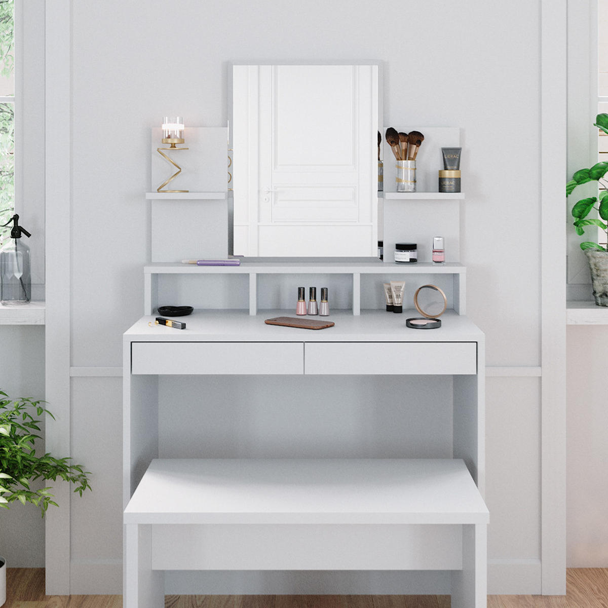 SCHMINKTISCH Ania Weiß 80 cm mit Bank - Weiß, Holzwerkstoff (80/139.6/40cm) - Vicco