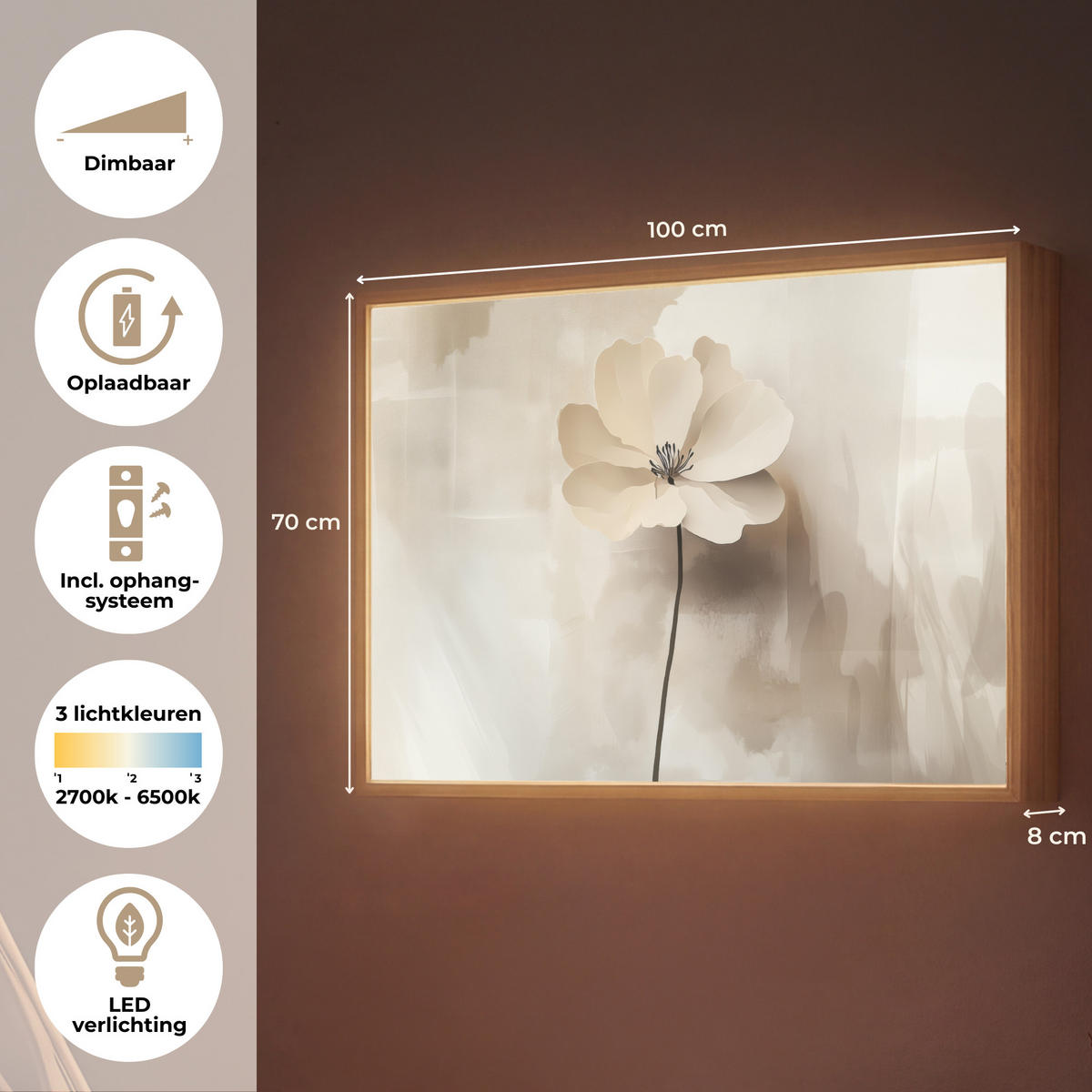 NÁSTĚNNÁ LAMPA S AKUMULÁTOREM Květina - béžová - barva - stín 100x70 cm - béžová, kompozitní dřevo (100/70/8cm) - OnlyWow