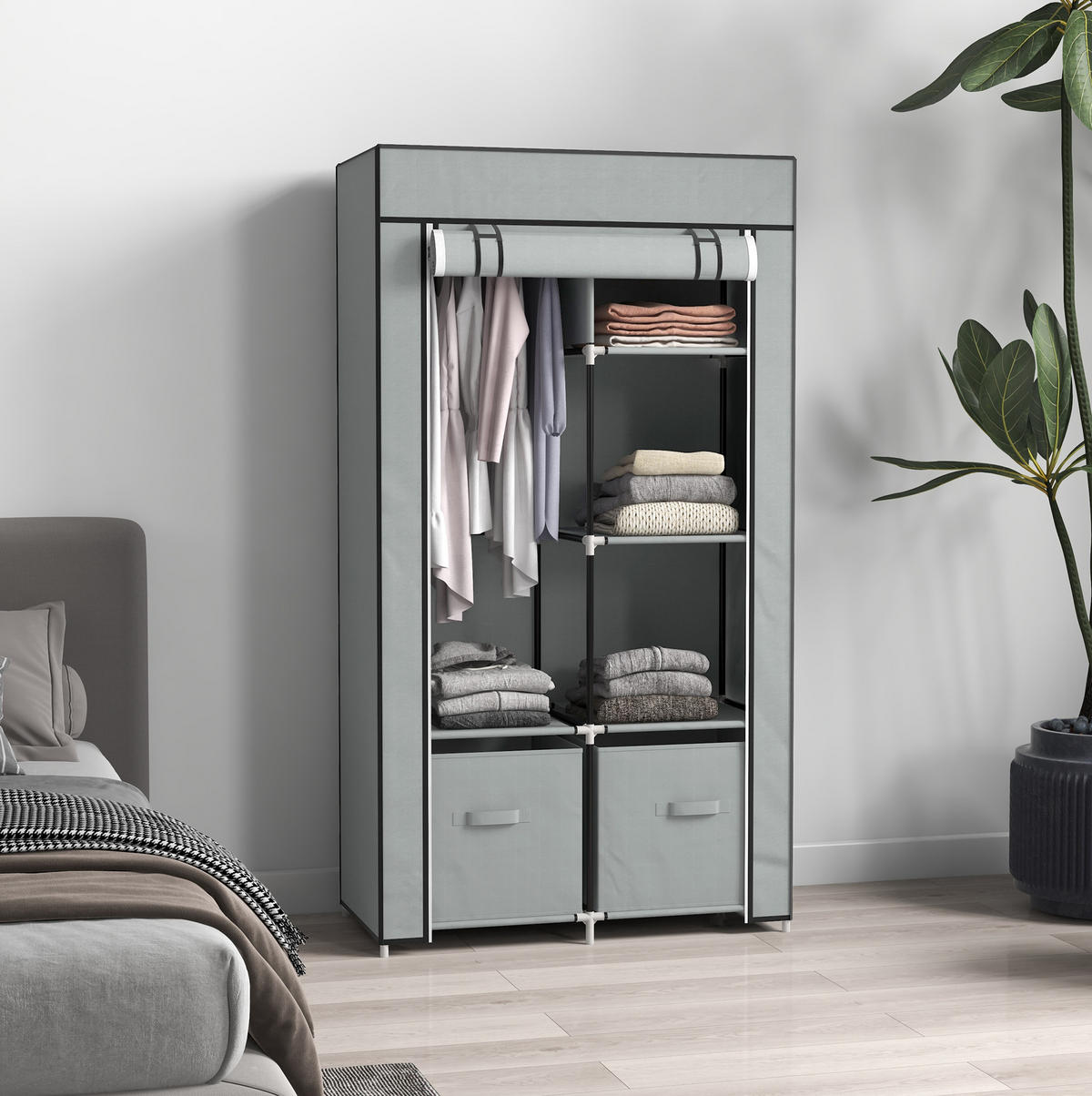 STANDKLEIDERSCHRANK 83/42,5/162,5 cm in Hellgrau mit Stoffbezug und Kleiderstange - Hellgrau, Metall (83/162.5/42.5cm) - BEAOK