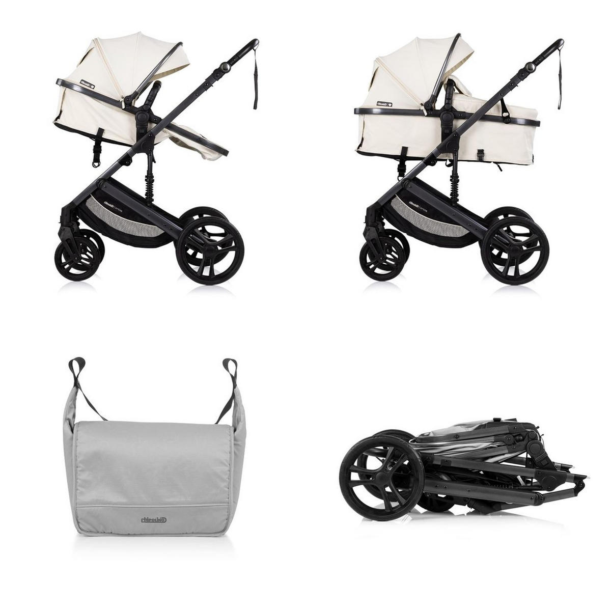 KOMBIKINDERWAGEN 2 in 1 Amore beige-schwarz Getränkehalter Wickeltasche Fußabdeckung Korb - Beige, Metall (95/63/105cm) - Chipolino