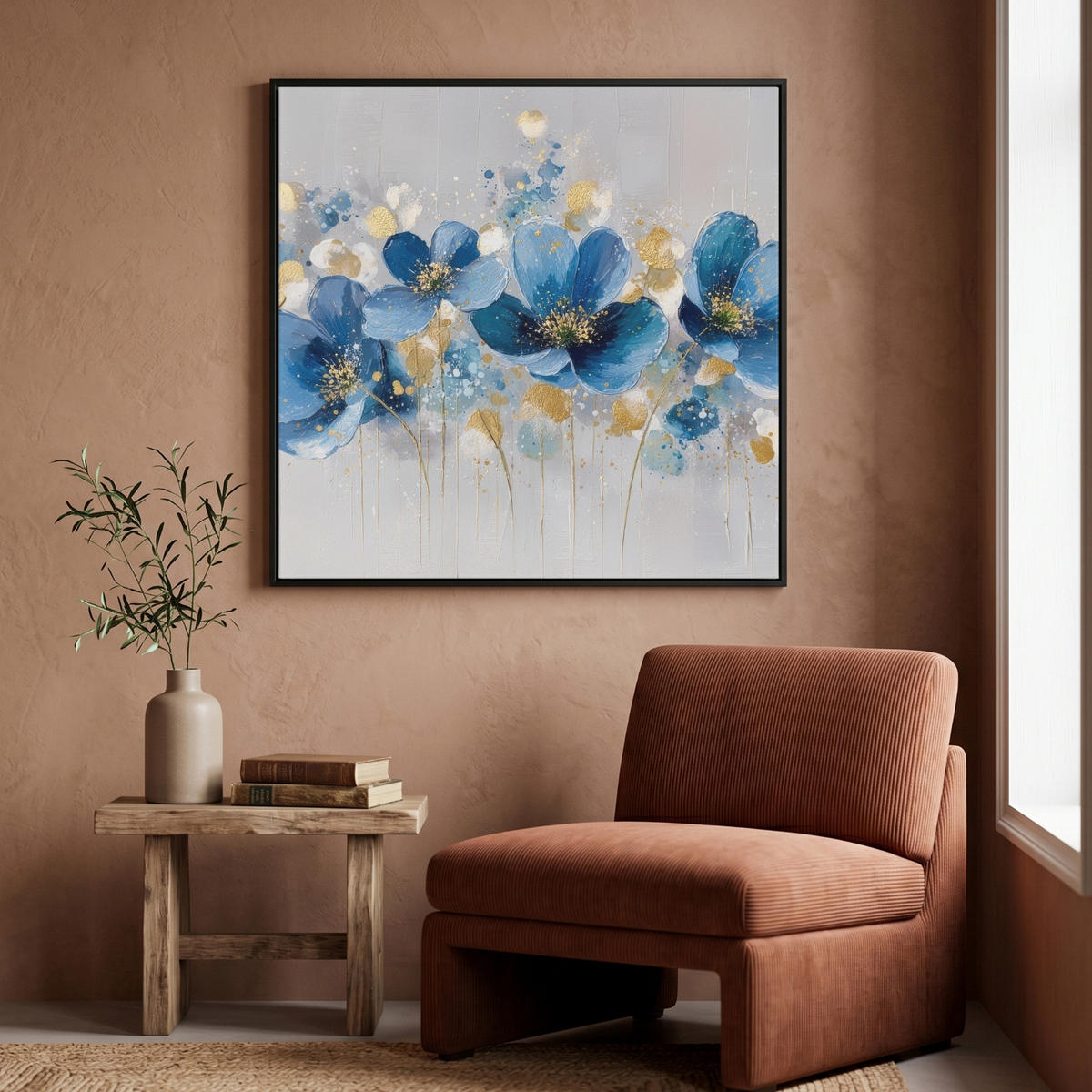 LEINWAND Bilder mit Rahmen - Blumen - Blau - Abstrakt - 90x90 - Hellgrau, Textil (90/90cm) - MuchoWow