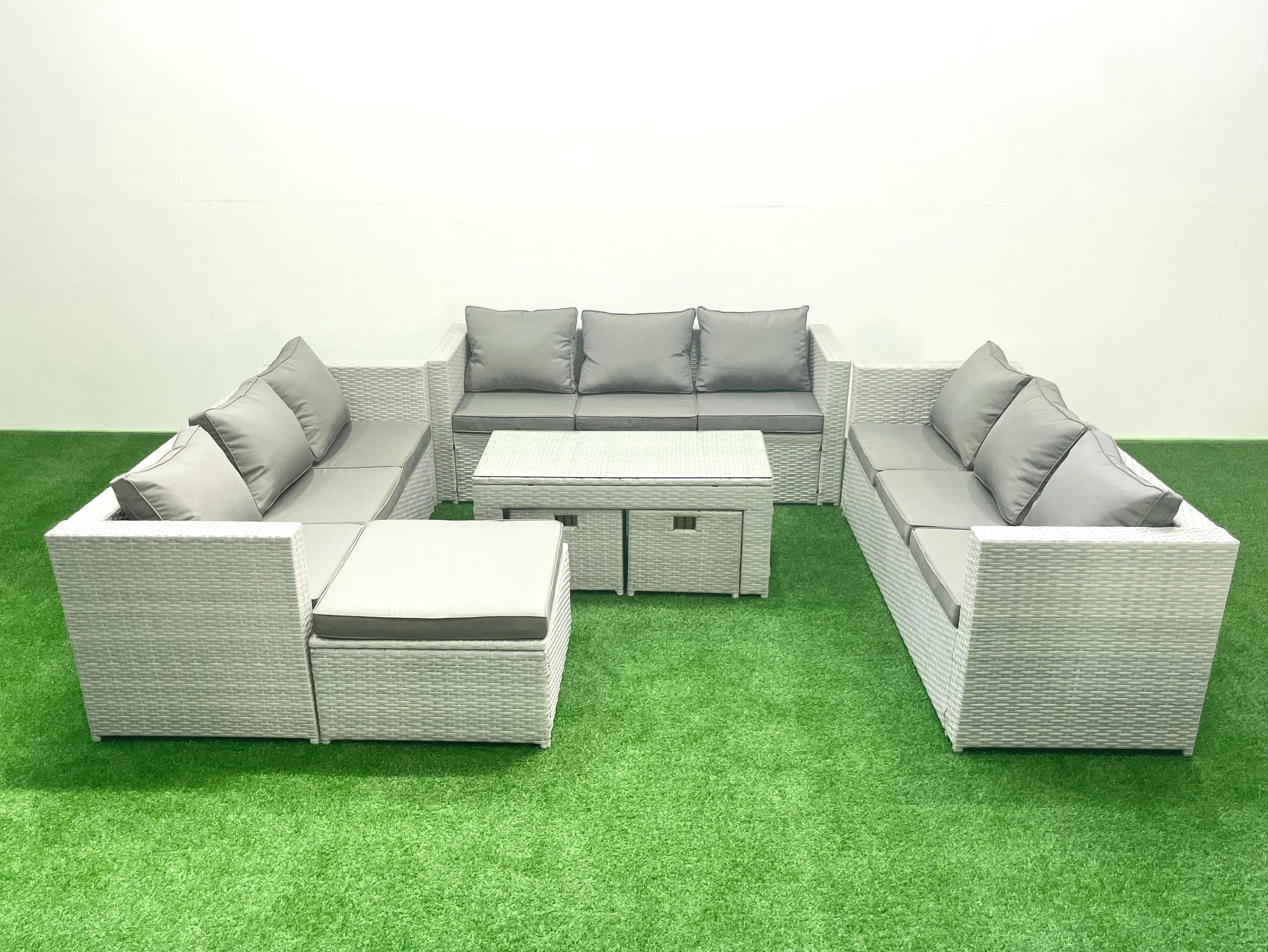 BALKONMÖBEL-SET Polyrattan Hellgrau-Mix 12-teilig - Hellgrau/Grau, Glas/Kunststoff - Fimous
