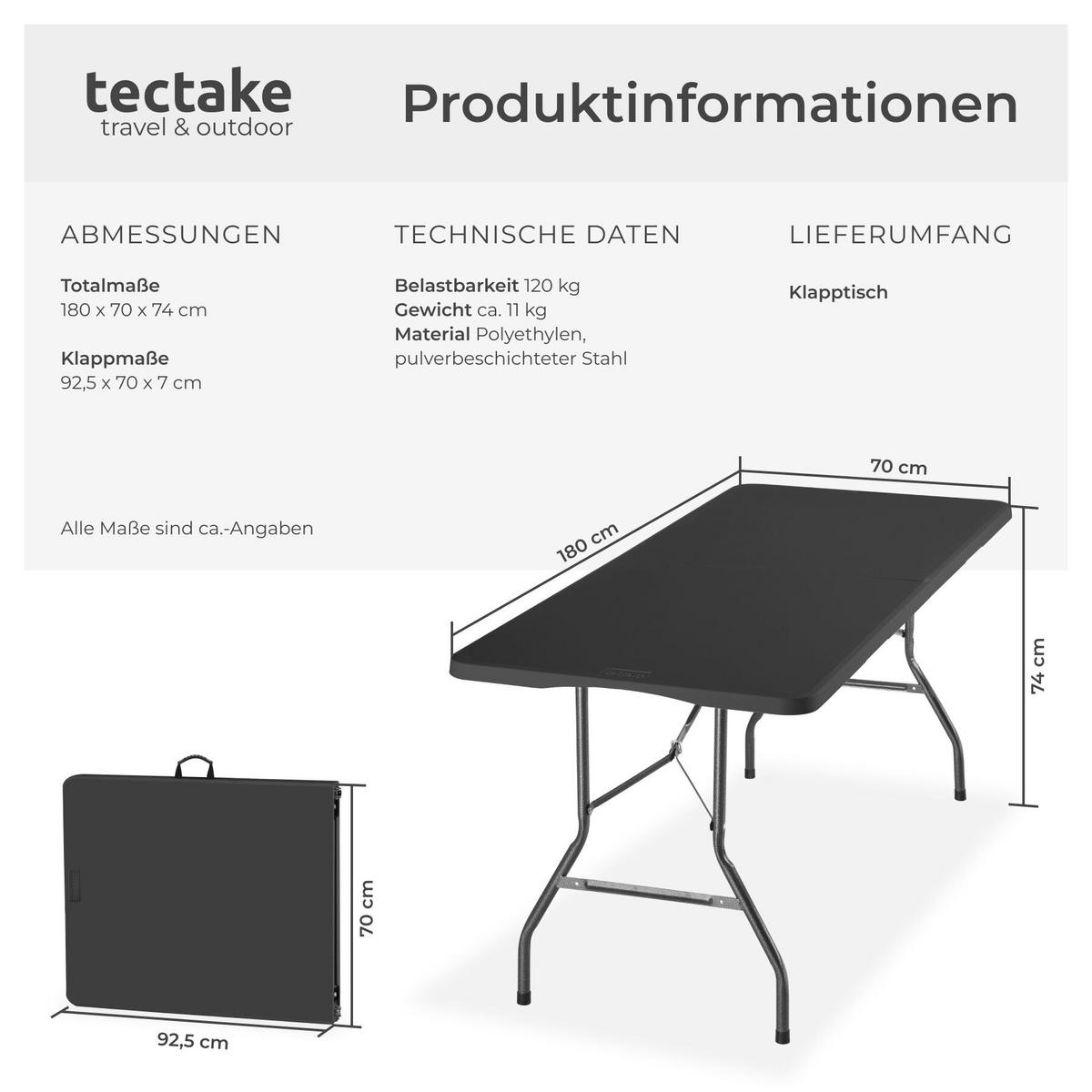 CAMPINGTISCH Panja, gummierter Tragegriff, anthrazit - Anthrazit, Kunststoff (70/180/74cm) - tectake