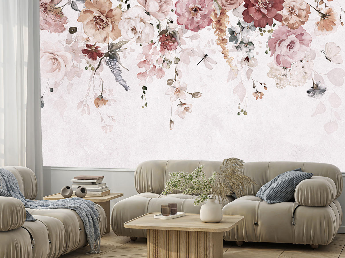 FOTOTAPETE für Schlafzimmer Aquarell Bunte Blumen Ranken Blätter 400x280 - Rot/Rosa, Papier (400/280cm) - Muralo