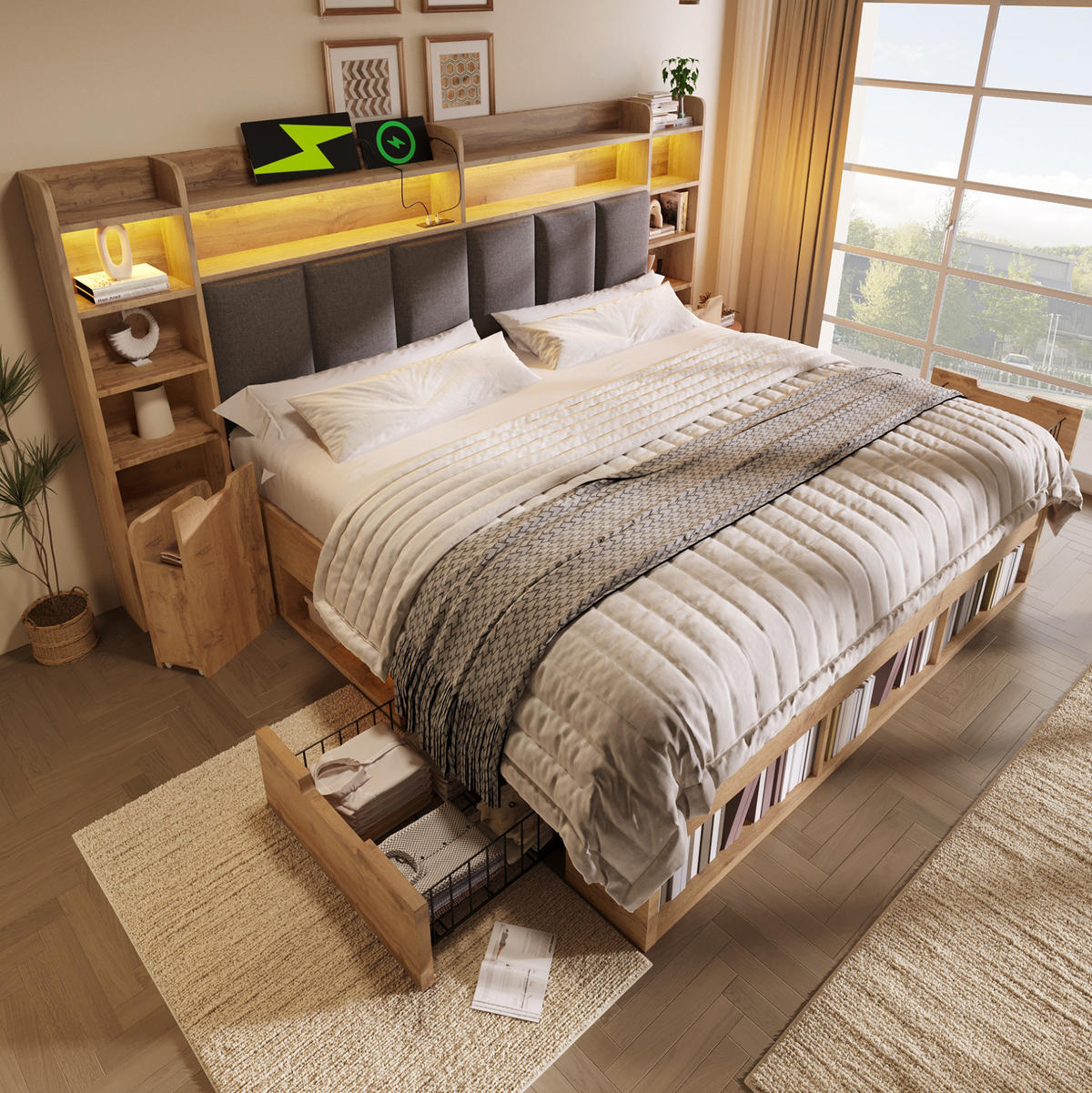 DOPPELBETT 180/200 cm mit LED-Beleuchtung, USB- und USB-C-Anschlüssen, Stauraum und Rollschubladen, Eichefarben - Eichefarben, Holzwerkstoff (180/200cm) - Redom
