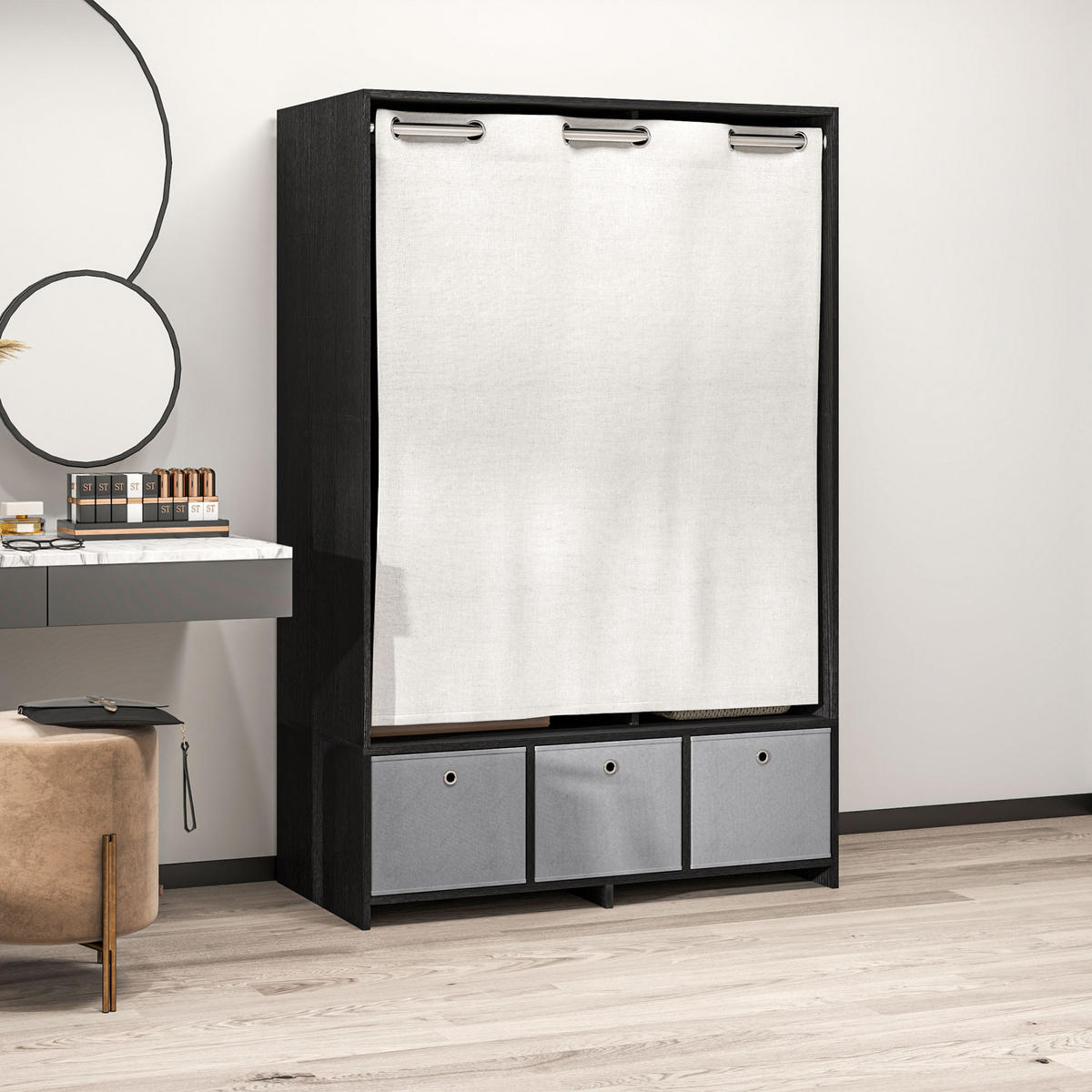 STOFFSCHRANK DE-17181 Schwarz - Schwarz, Holzwerkstoff (48/160/105cm) - ComfortXL