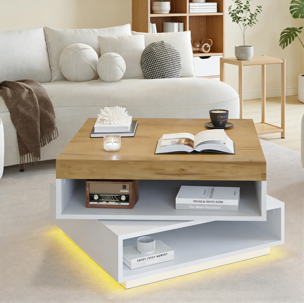 COUCHTISCH 65/65/40 cm mit LED-Beleuchtung und 360° drehbarer Tischplatte - Weiß, Holzwerkstoff (65/65/40cm) - Flora Grace
