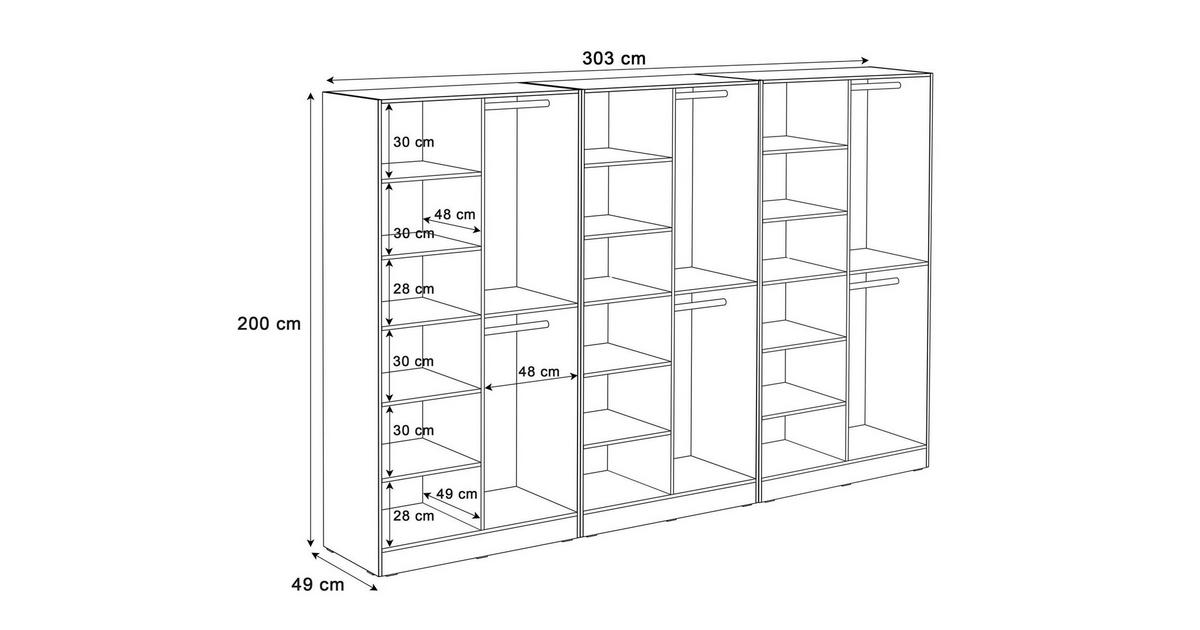 KLEIDERSCHRANK SANDBOX LOFT 300 303/49/200 cm Schwarzgraphit / Schwarzgraphit + Eiche Wotan ohne LED ohne Zusatzböden - Eiche Wotan/Schwarz, Holzwerkstoff/Kunststoff (303/200/49cm) - Lookway