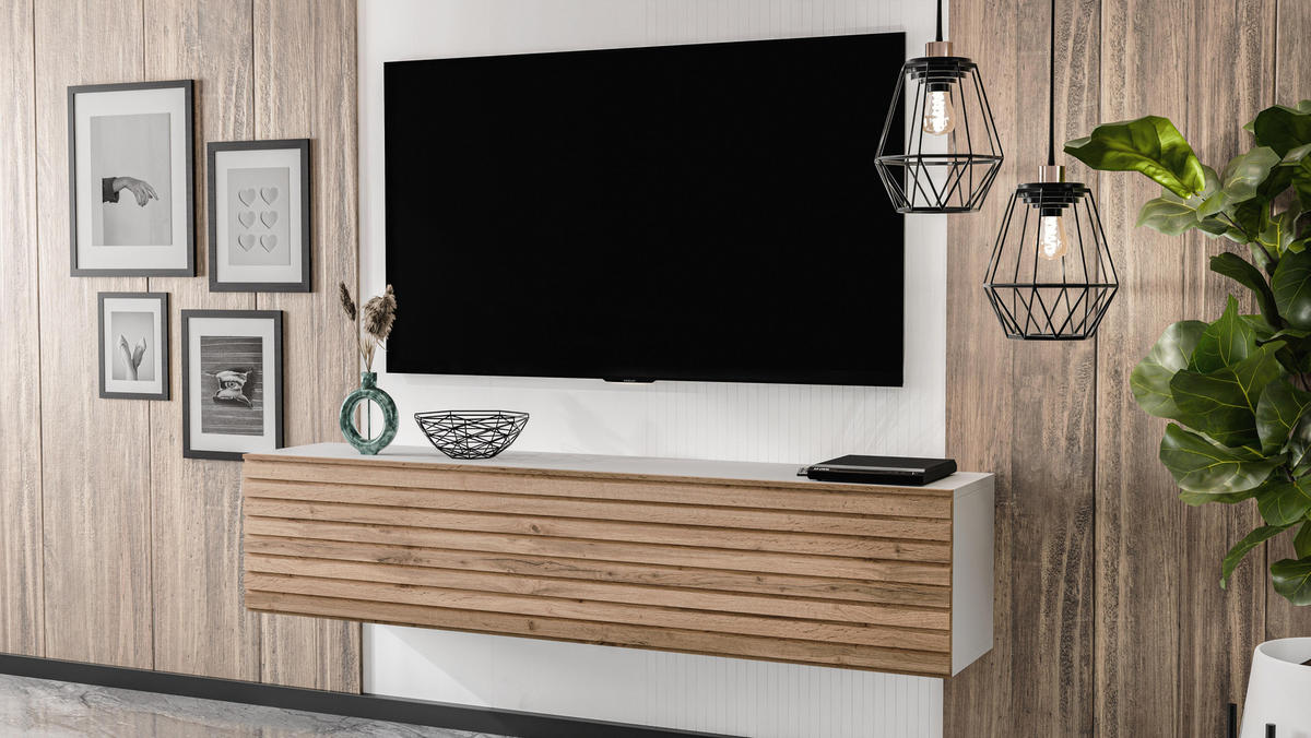 LOWBOARD ZIVOLLI 160 Weiß, Wotan Lamellen 160/34/40 cm – TV-Hängeschrank mit Lamellenfront - Hellbraun/Weiß, Holzwerkstoff/Kunststoff (160/34/40cm) - AX Living