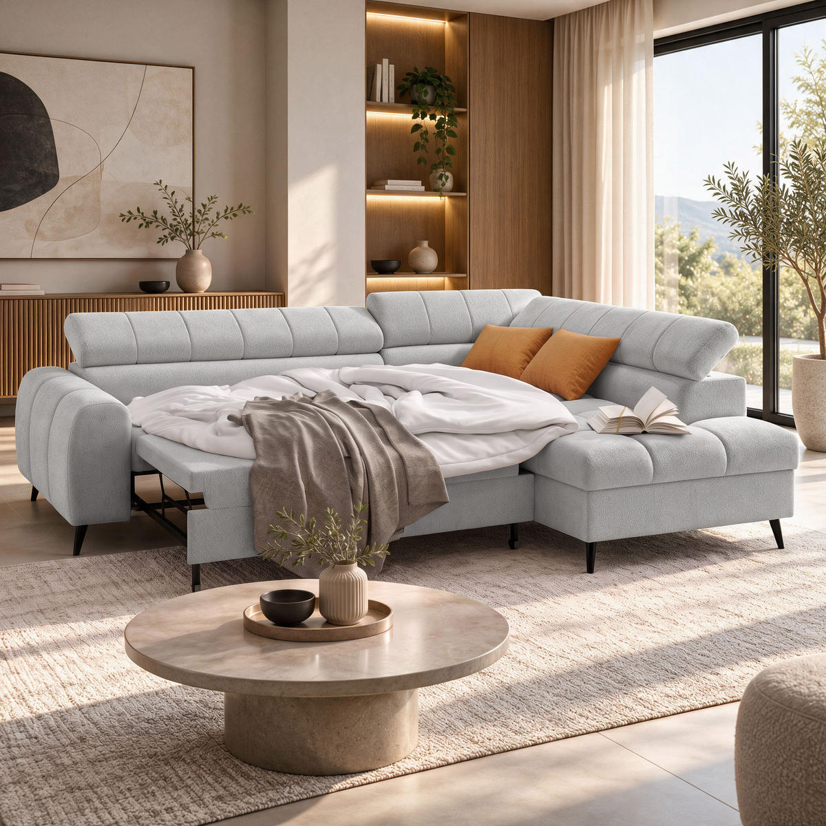 ECKSCHLAFSOFA Vinni Hellgrau, Chenille-Stoff, rechts - Hellgrau, Textil (265/205cm) - Beautysofa