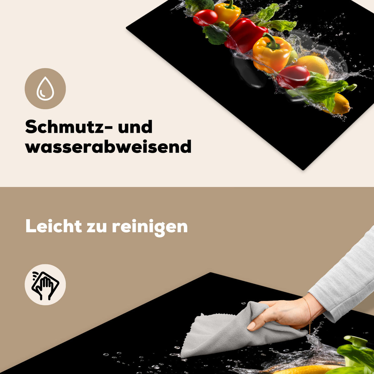 HERDABDECKPLATTE Paprika - Wasser - Gemüse - Schwarz Herdabdeckung Induktionsfeld 70x52 cm - Multicolor, Kunststoff (70/52/0.2cm) - MuchoWow