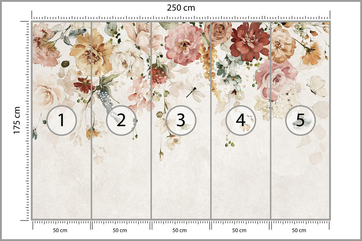 FOTOTAPETE für Esszimmer Aquarellblumen Blätter Pflanzen Pfingstrosen Rosen 250x175 - Multicolor, Papier (250/175cm) - Muralo