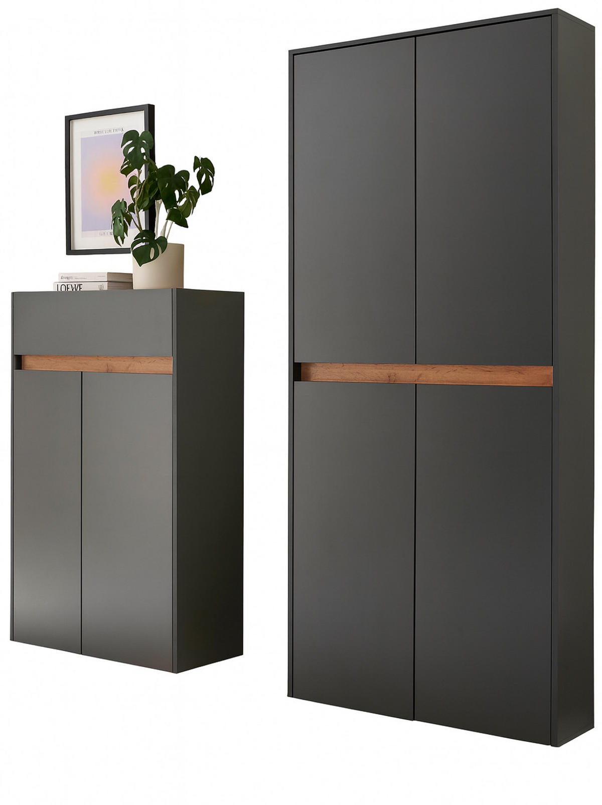 GARDEROBEN-SET grau matt, Eiche Wotan 2-teilig 180 cm, Kombination mit viel Stauraum - Eiche Wotan/Schwarz, Holzwerkstoff/Kunststoff (180/195/40cm) - Furn.Design