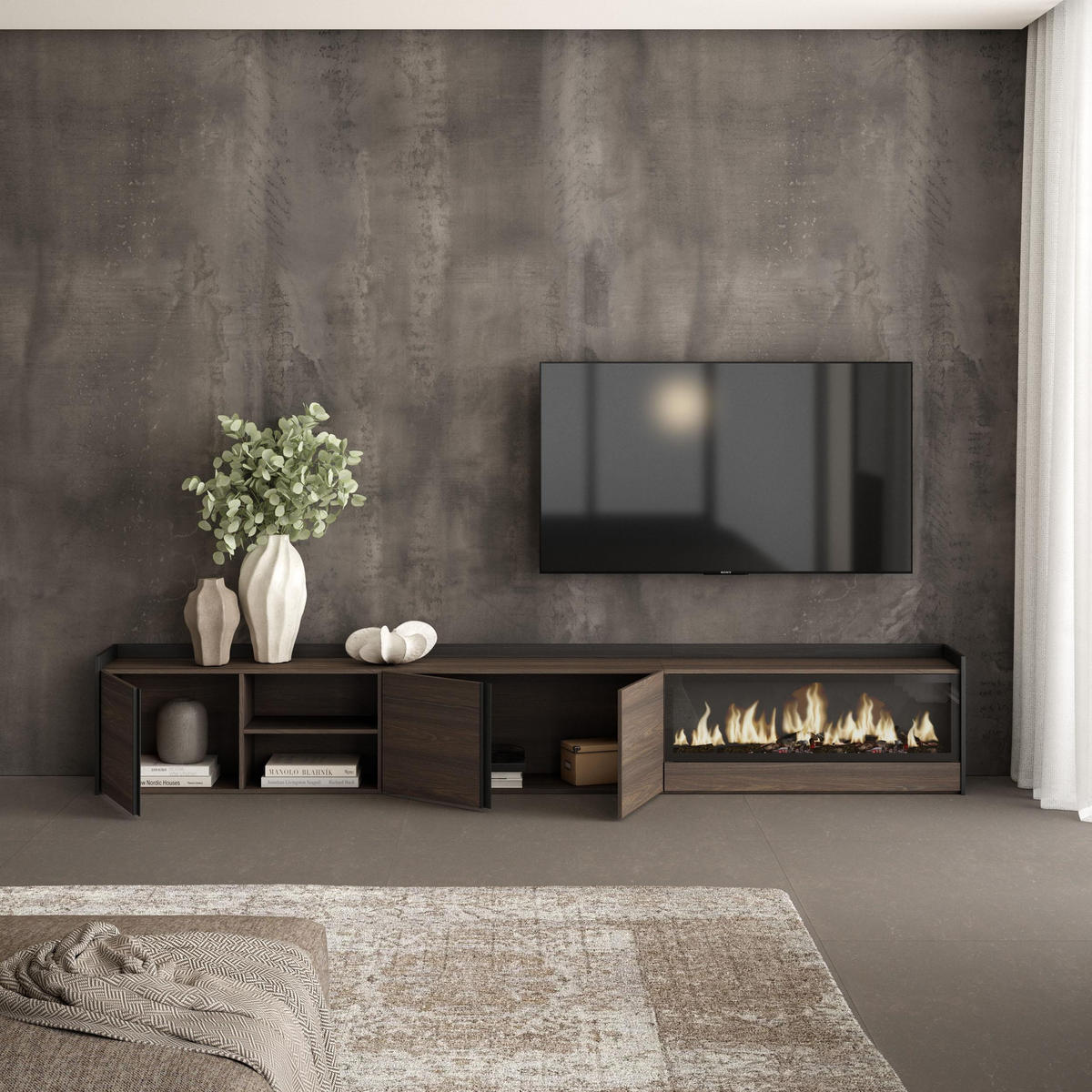 LOWBOARD, Dunkler Eiche und Schwarz, 315/35/50cm, Kamin mit Feuereffekt XXL - Dunkelbraun, Holzwerkstoff (315/50/35cm) - Skraut Home