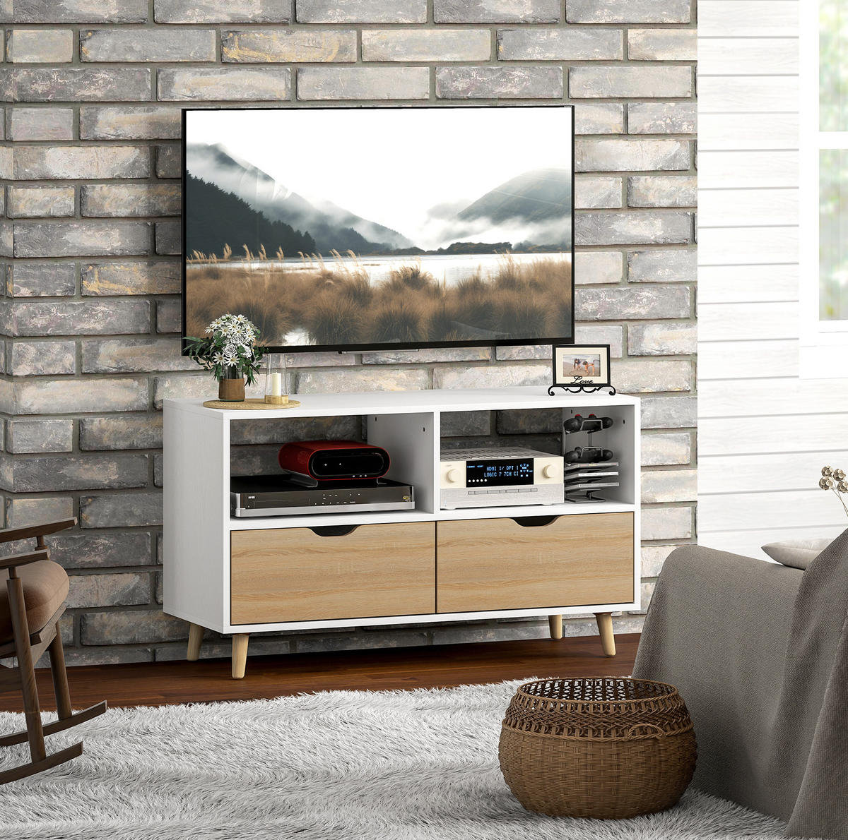 TV-LOWBOARD 99/39/58 cm mit 2 offenen Fächern und 2 Schubladen, Holz mit Kabelmanagement, Weiß - Weiß, Holzwerkstoff (99/58.3/39cm) - Redom