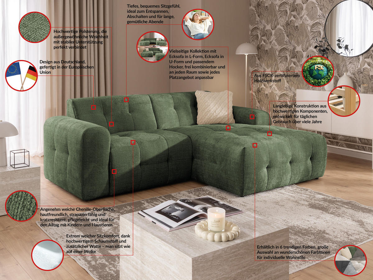 ECKSOFA Kozy im Bumpy-Design mit fester Rückenlehne aus weichem Grün Chenille-Stoff - Ottomane rechts - Schwarz/Grün, Holz/Kunststoff (234/161cm) - S-Style Möbel