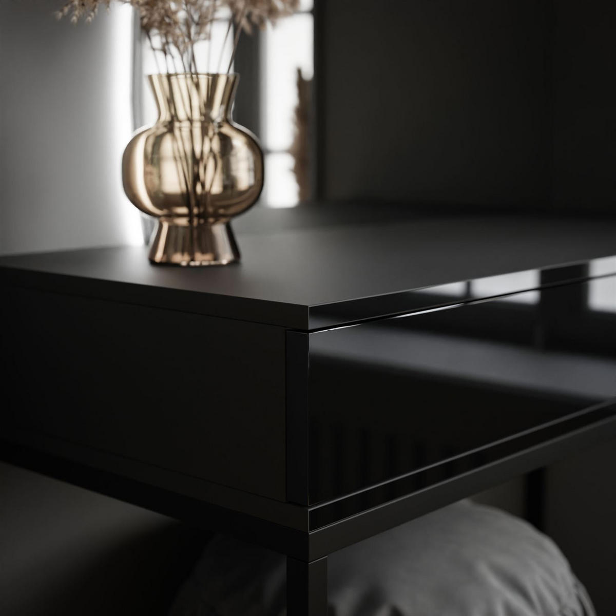 SCHMINKTISCH schwarz QUINNIE mit LED-Spiegel links PUSH OPEN - Schwarz Hochglanz/Schwarz, Holzwerkstoff (100/176/42cm) - Lookway