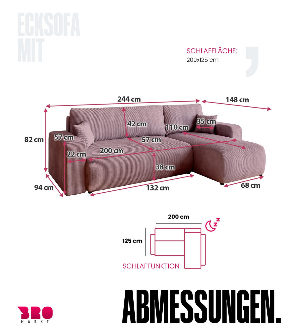 ECKSOFA PUMI mit Schlaffunktion Puderrosa Cord - Rosa, Textil (244/148cm) - Bromarkt