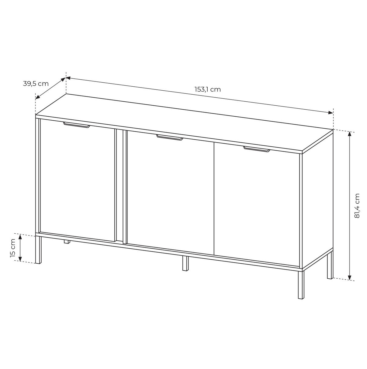 SIDEBOARD Catanian 3T Grau 153,1/81,4/39,5 cm – mit goldenen Griffen und schwarzen Beinen - Schwarz/Grau, Holzwerkstoff/Metall (153.1/81.4/39.5cm) - AX Living