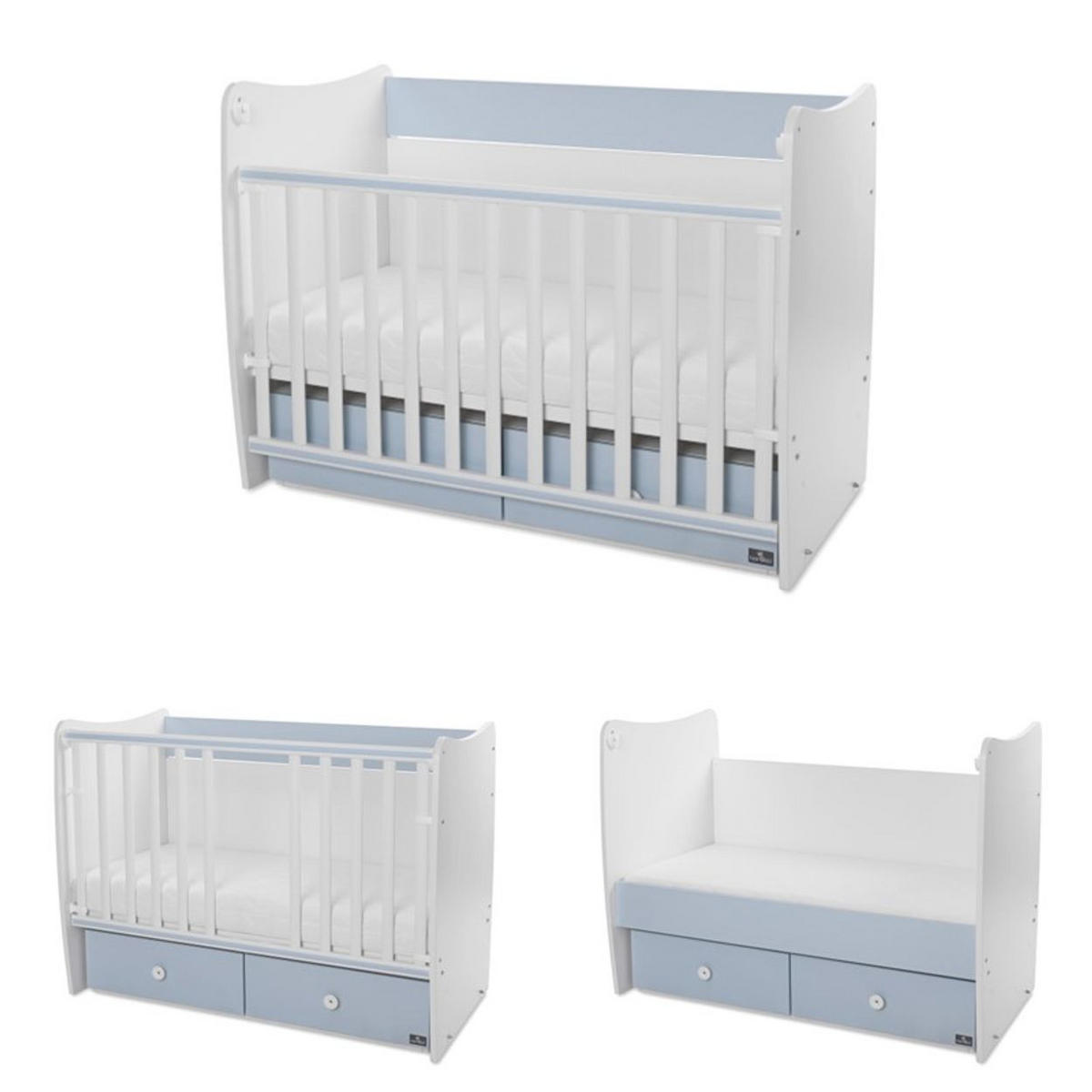 BABYBETT MATRIX NEW 120 x 60 cm blau 120 x 60 cm, Schaukelfunktion, 2 Schubladen, 2 Ebenen, Schlupfsprossen - Blau, Holzwerkstoff (60/120cm) - Lorelli