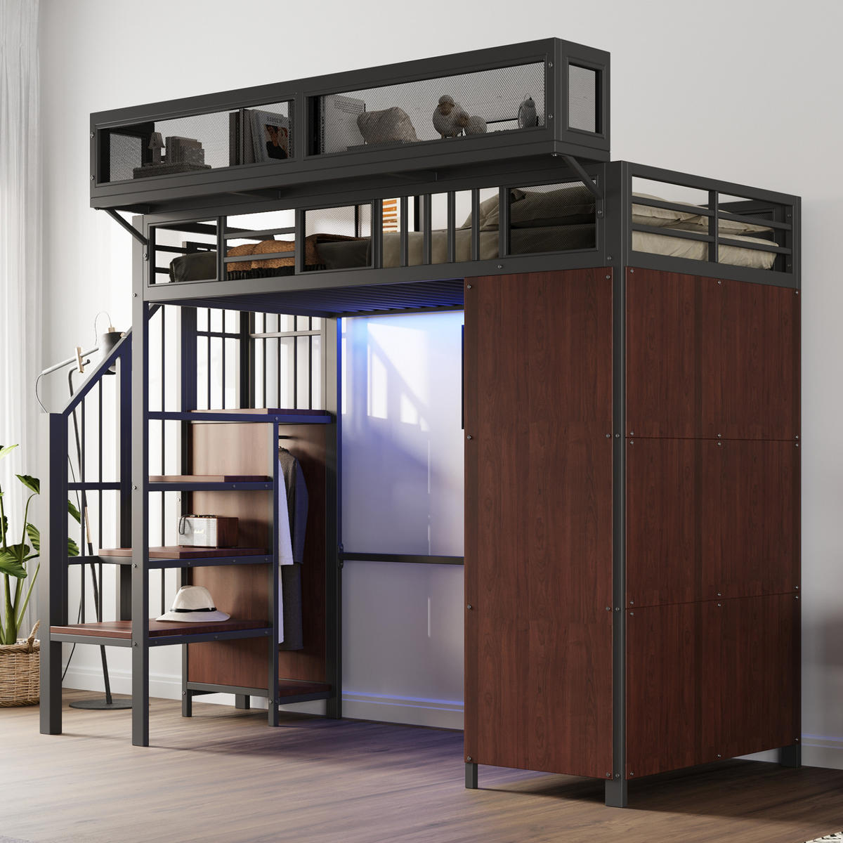 HOCHBETT 90/200 cm Schwarz aus Metall, Sperrholz und MDF mit Kleiderschrank und LED-Beleuchtung - Schwarz, Metall (90/200cm) - OKMYHOME