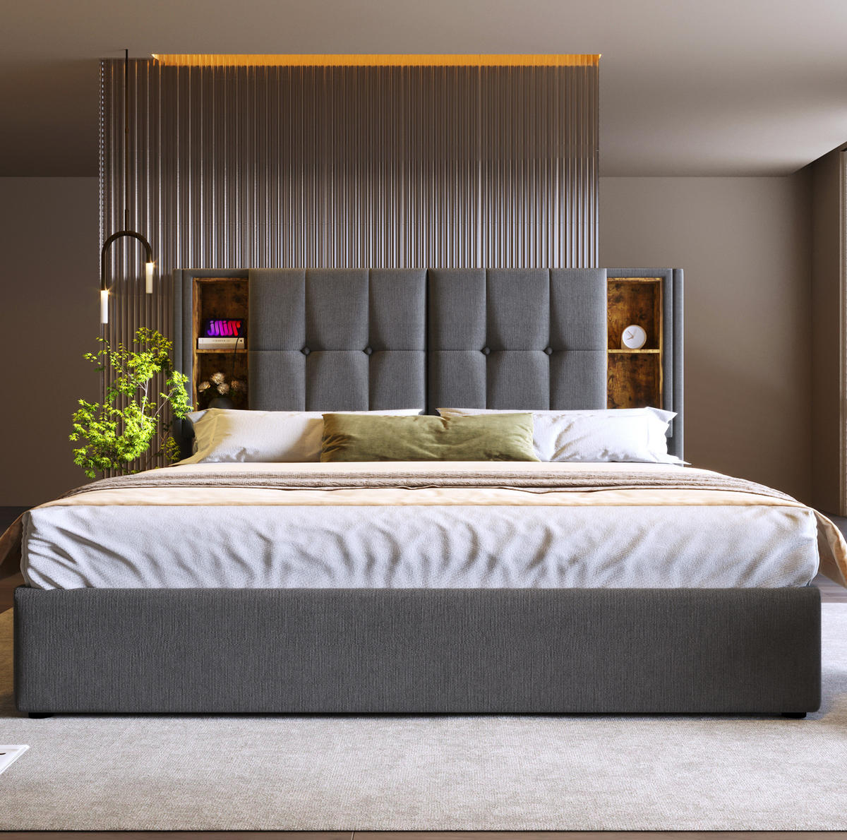 POLSTERBETT 180/200 cm Grau aus Baumwolle mit Stauraum und kabellosem Laden - Grau, Textil (180/200cm) - OKMYHOME