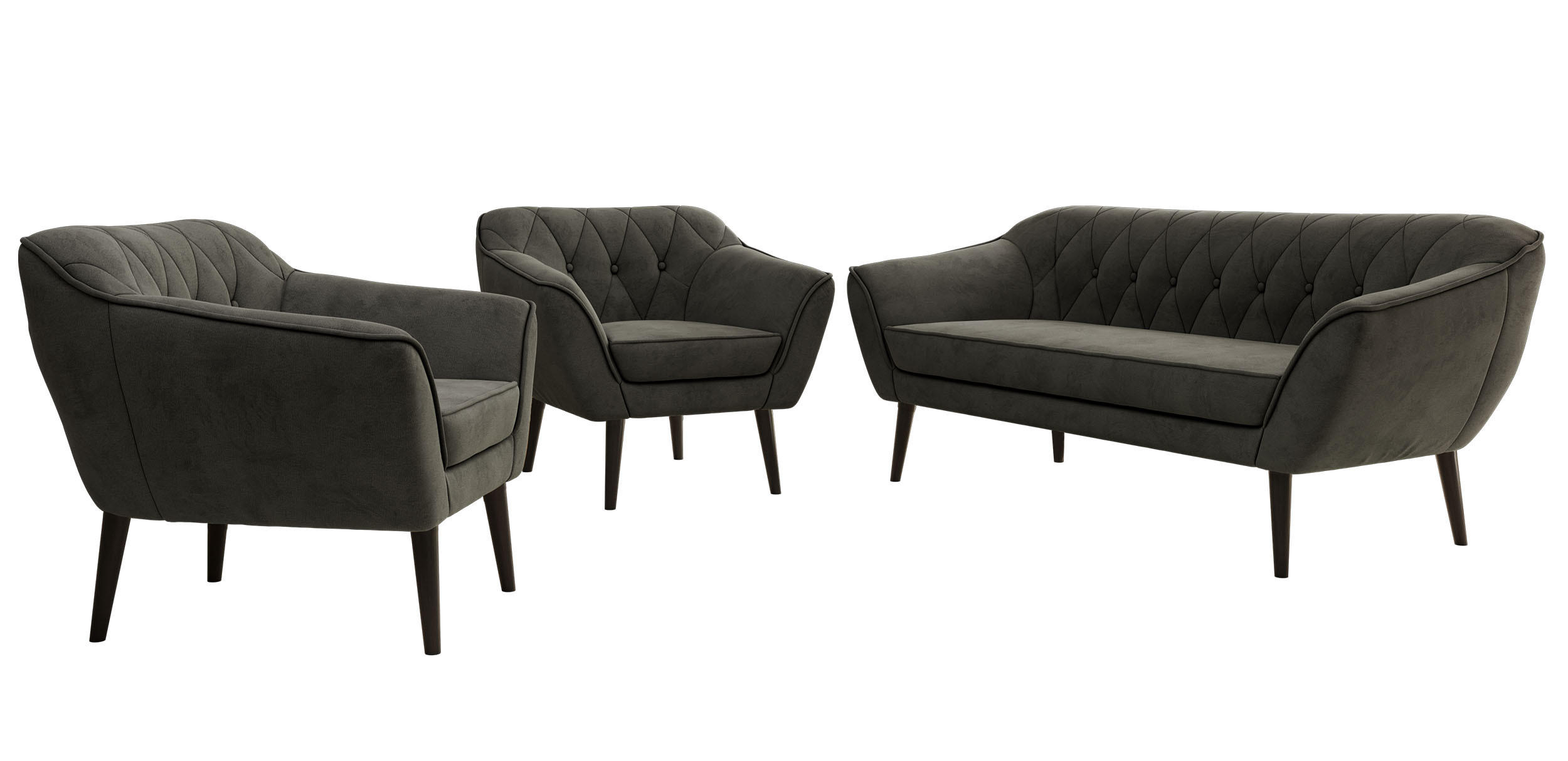 SITZGARNITUR PIRS 3+1+1 - Dunkelgrau Velvet - Schwarze Beine - Dunkelgrau/Schwarz, Holzwerkstoff/Textil (180/75/74cm) - MKS
