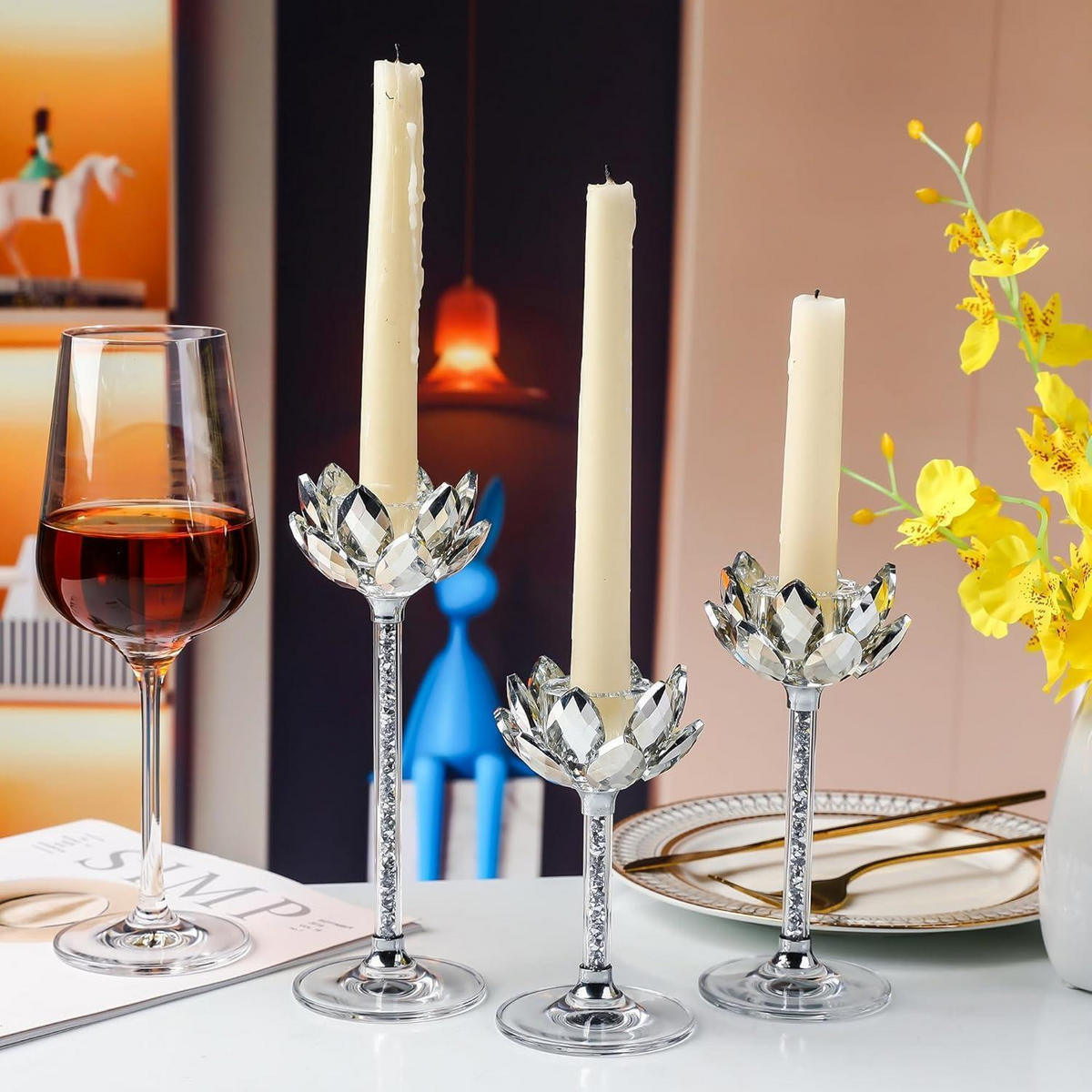 KERZENSTÄNDER 3-teiliges Set Kristall Lotus - Silberfarben, Glas (11.4/20.1/23.4cm)