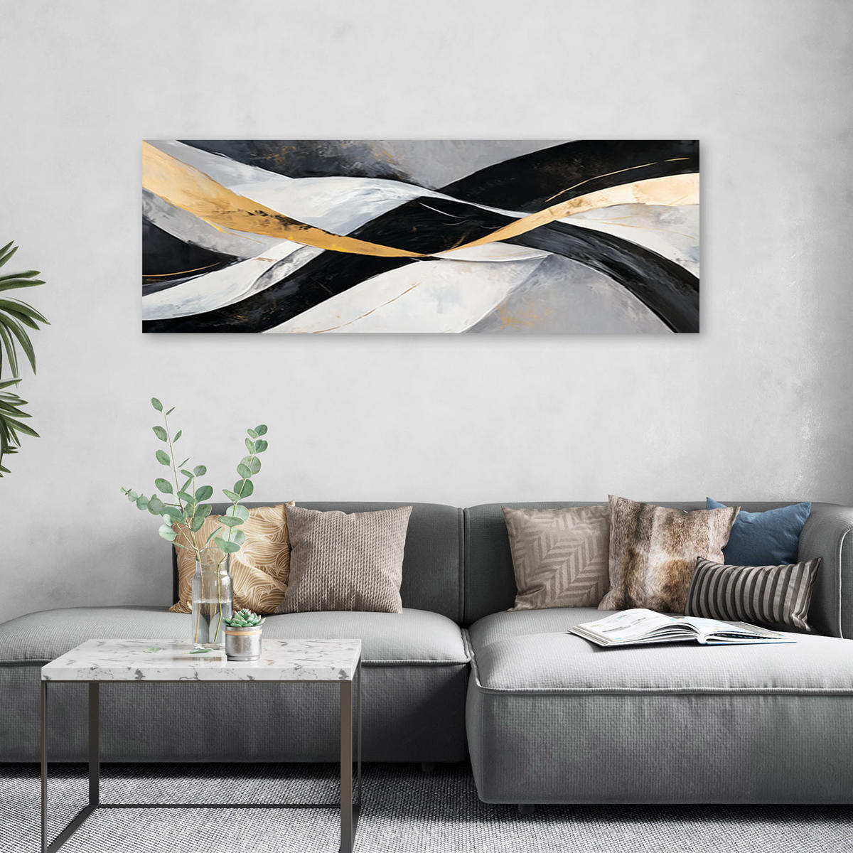 LEINWANDBILD Abstrakt Wellen Gold Schwarz Glamour 150x50cm - Grau, Textil (150/50cm) - Feeby