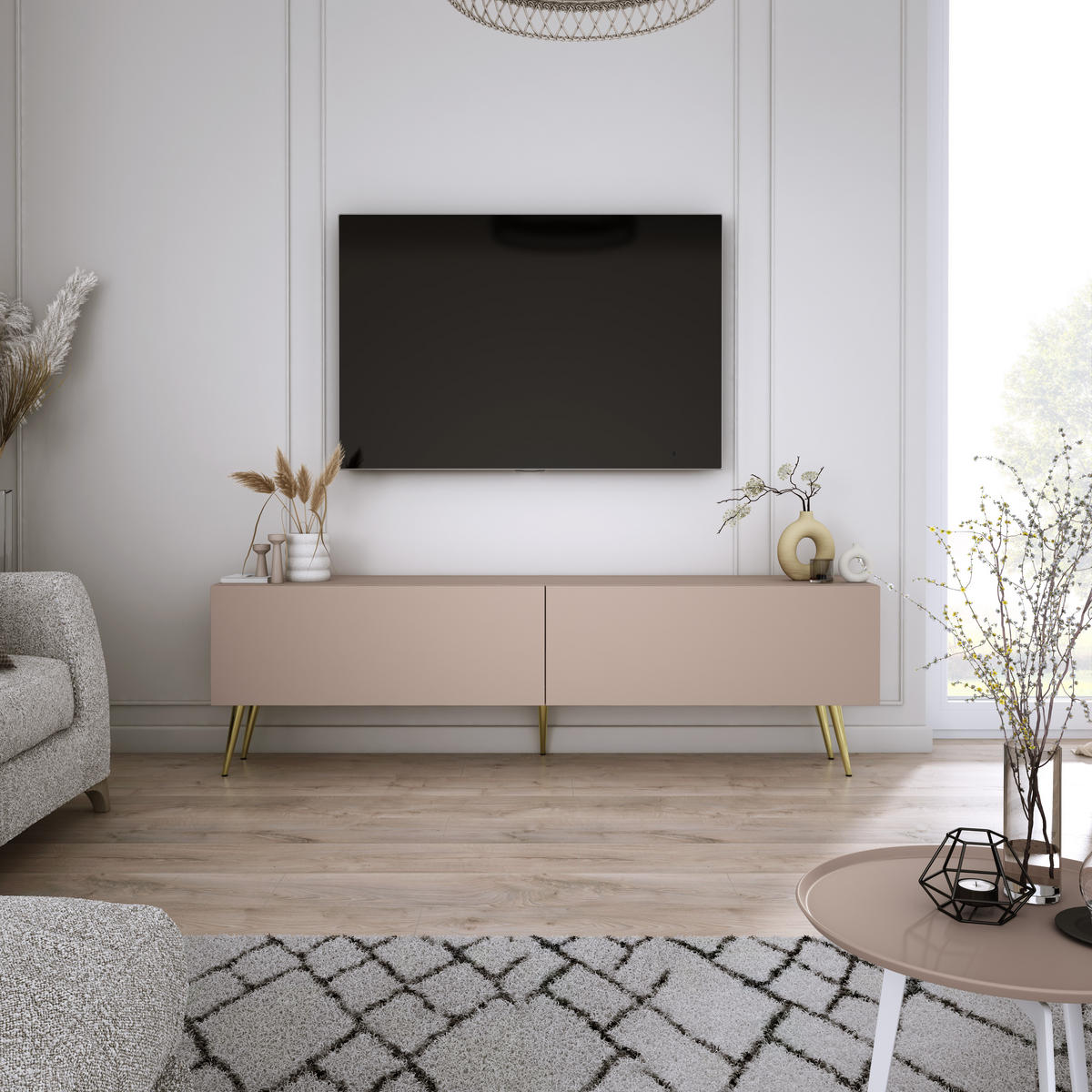 TV-SCHRANK : Karamellbraun, 140 x 52 x 32 cm, Goldene Beine - Goldfarben/Braun, Holzwerkstoff/Metall (140/52/32cm) - 3XE LIVING