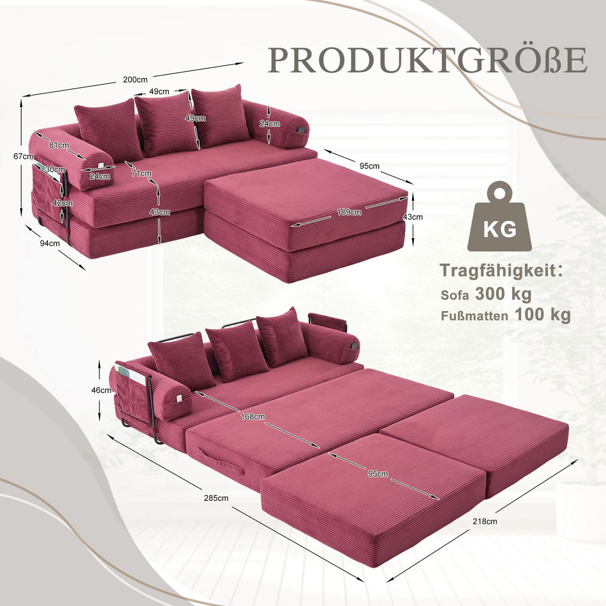 ECKSOFA Cord Weinrot mit Hocker und Kissen - Weinrot, Textil/Metall (218/285cm) - WISHDOR