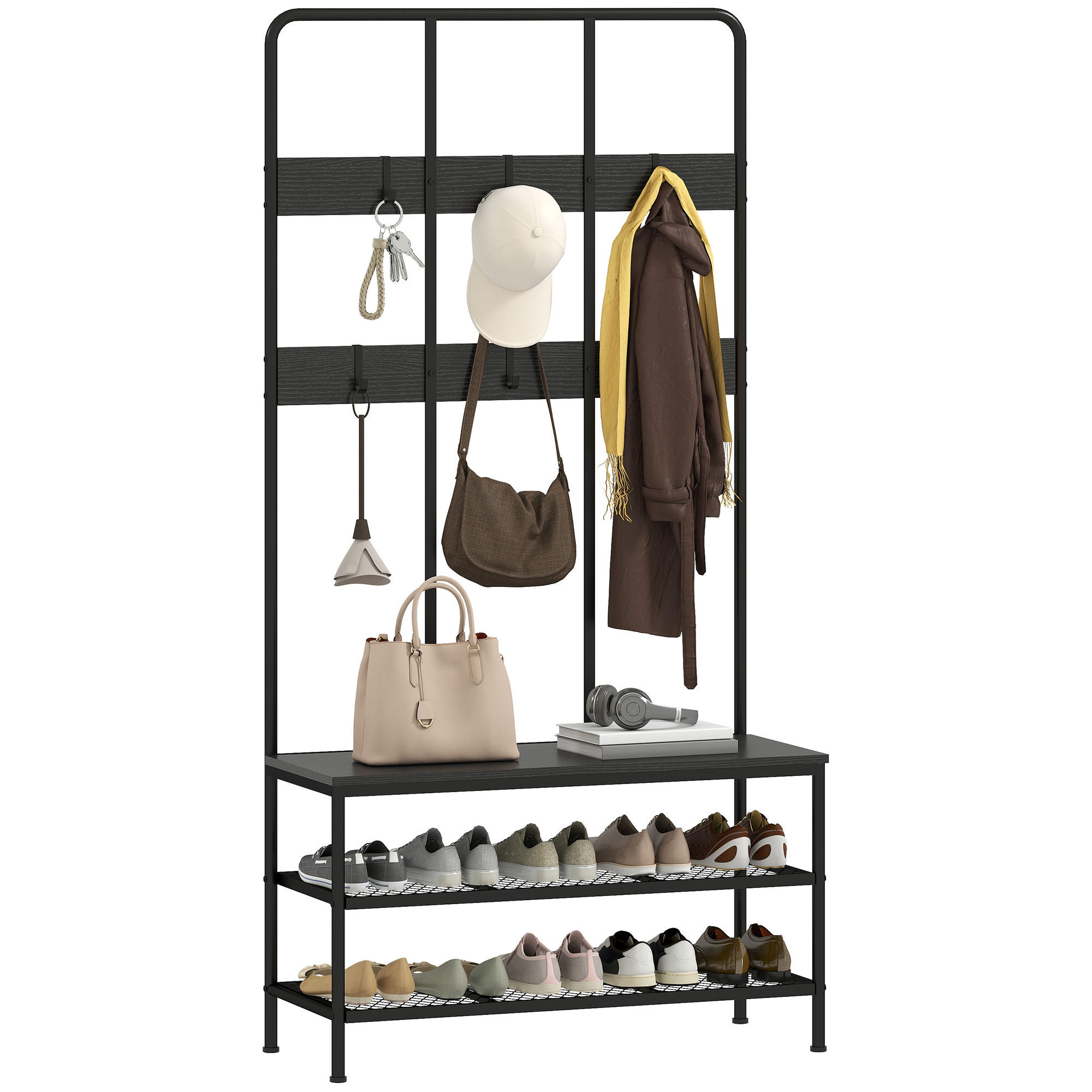 GARDEROBENSTÄNDER 3-in-1 DE-09781 mit Sitzbank und Schuhregal Schwarz - Schwarz, Metall (36/180/91cm) - ComfortXL